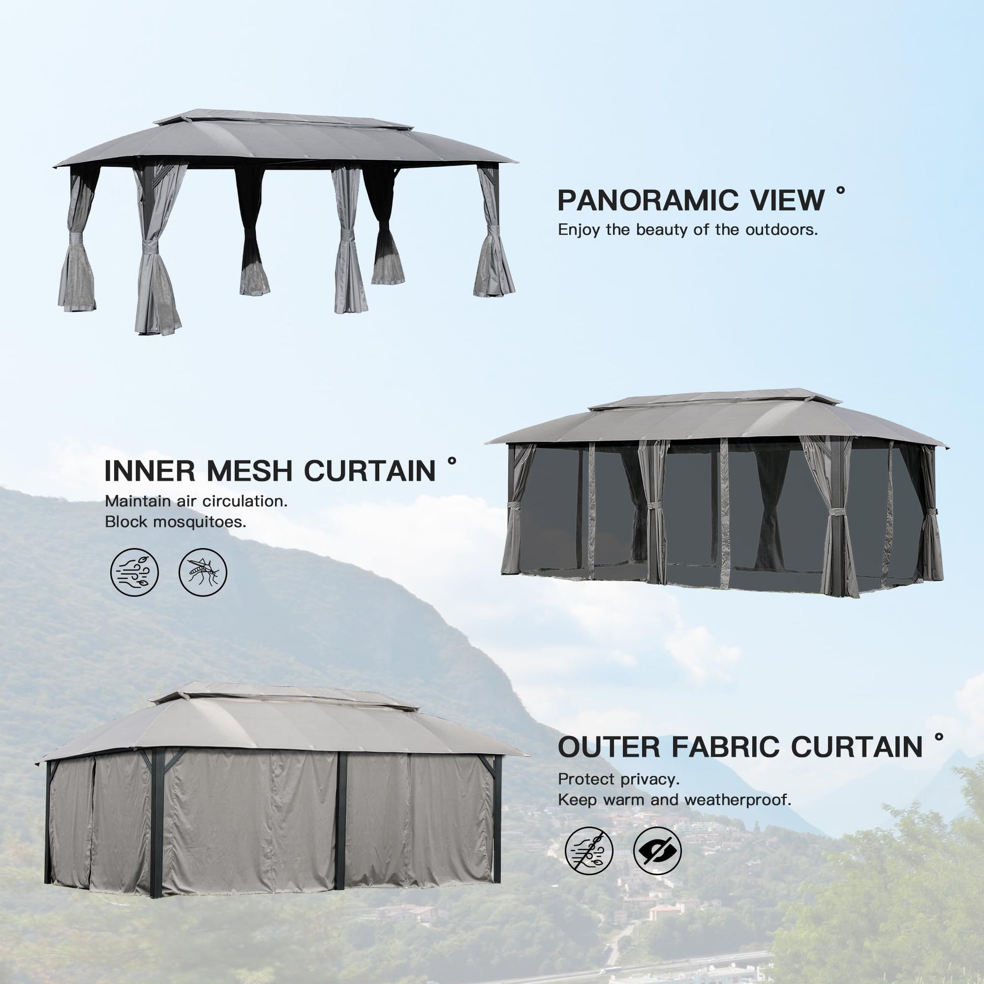 Gazebo 10X20Ft, Outdoor Gazebo With Double Roofs, Privacy Curtains, Mosquito Nettings, Heavy Duty Metal Frame Party Tent Canopy For Patio, Backyard, Deck, Lawn, Grey Gray Garden & Outdoor Uv