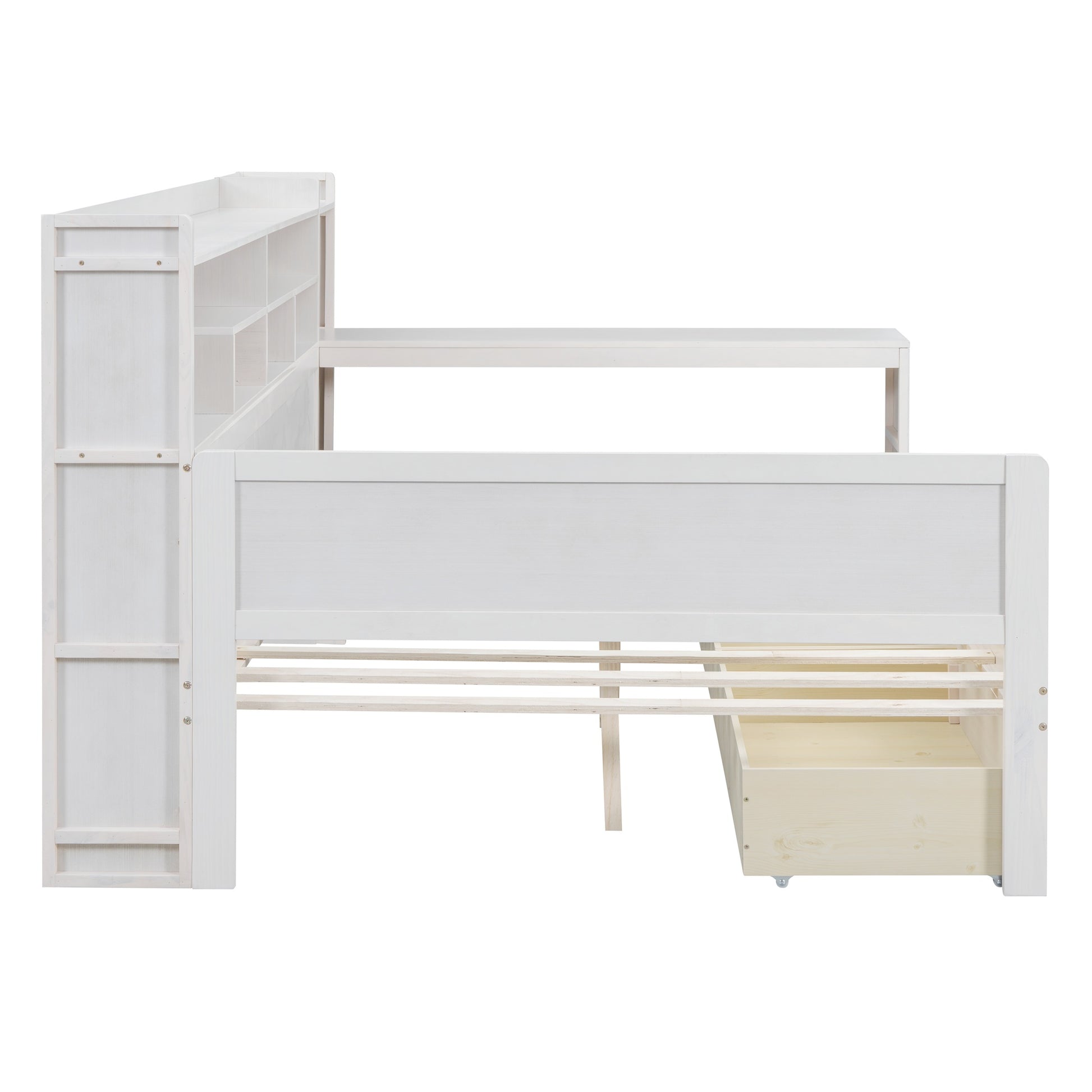 Wooden Full Size Daybed With Storage Shelves, Multi Functional Bed With Two Storage Drawers And Study Desk, Antique White Full Antique White Wood