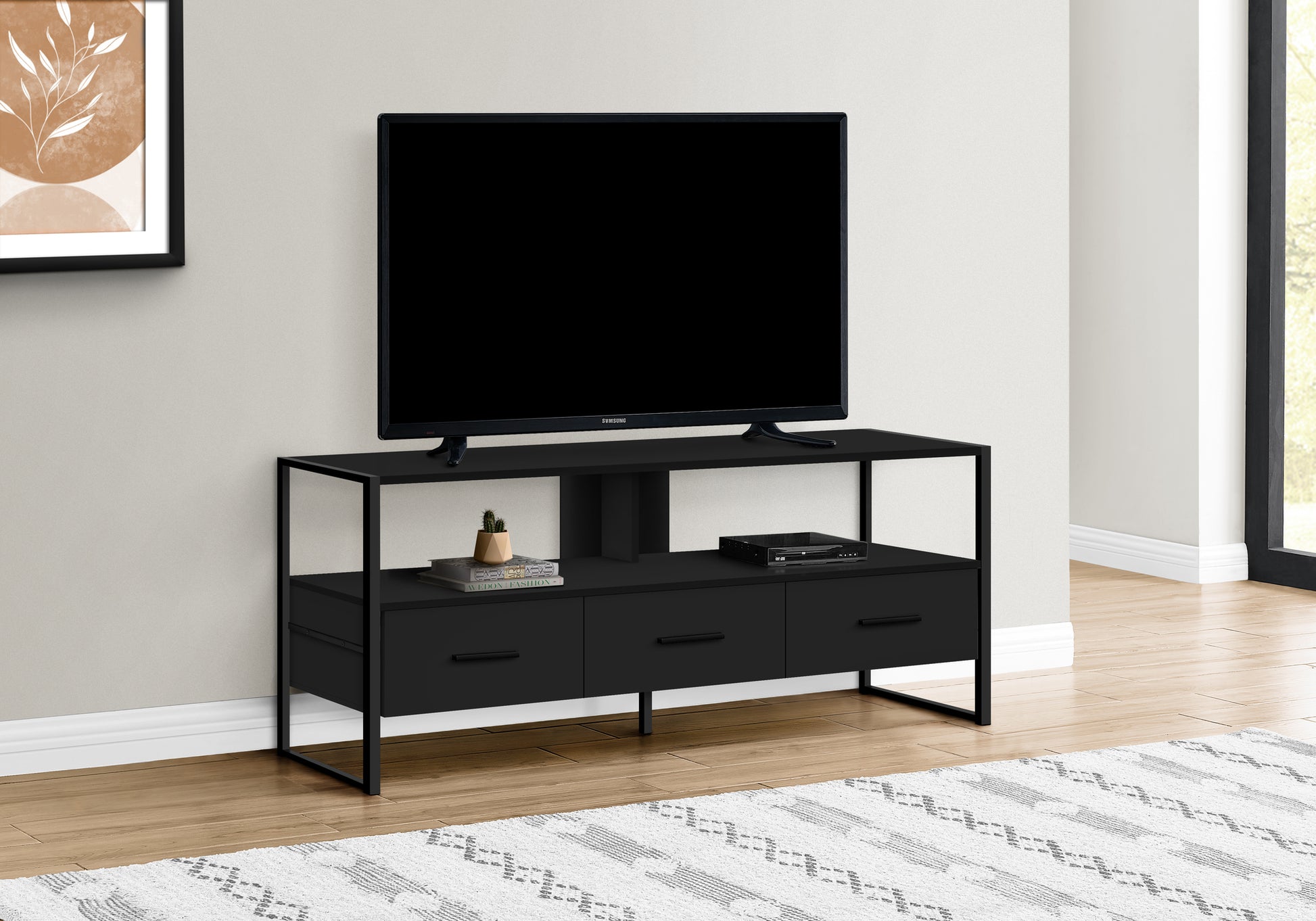 Tv Stand, 48 Inch, Console, Media Entertainment Center, Storage Drawers, Living Room, Bedroom, Black Laminate, Black Metal, Contemporary, Modern Black 80 89 Inches Particle Board