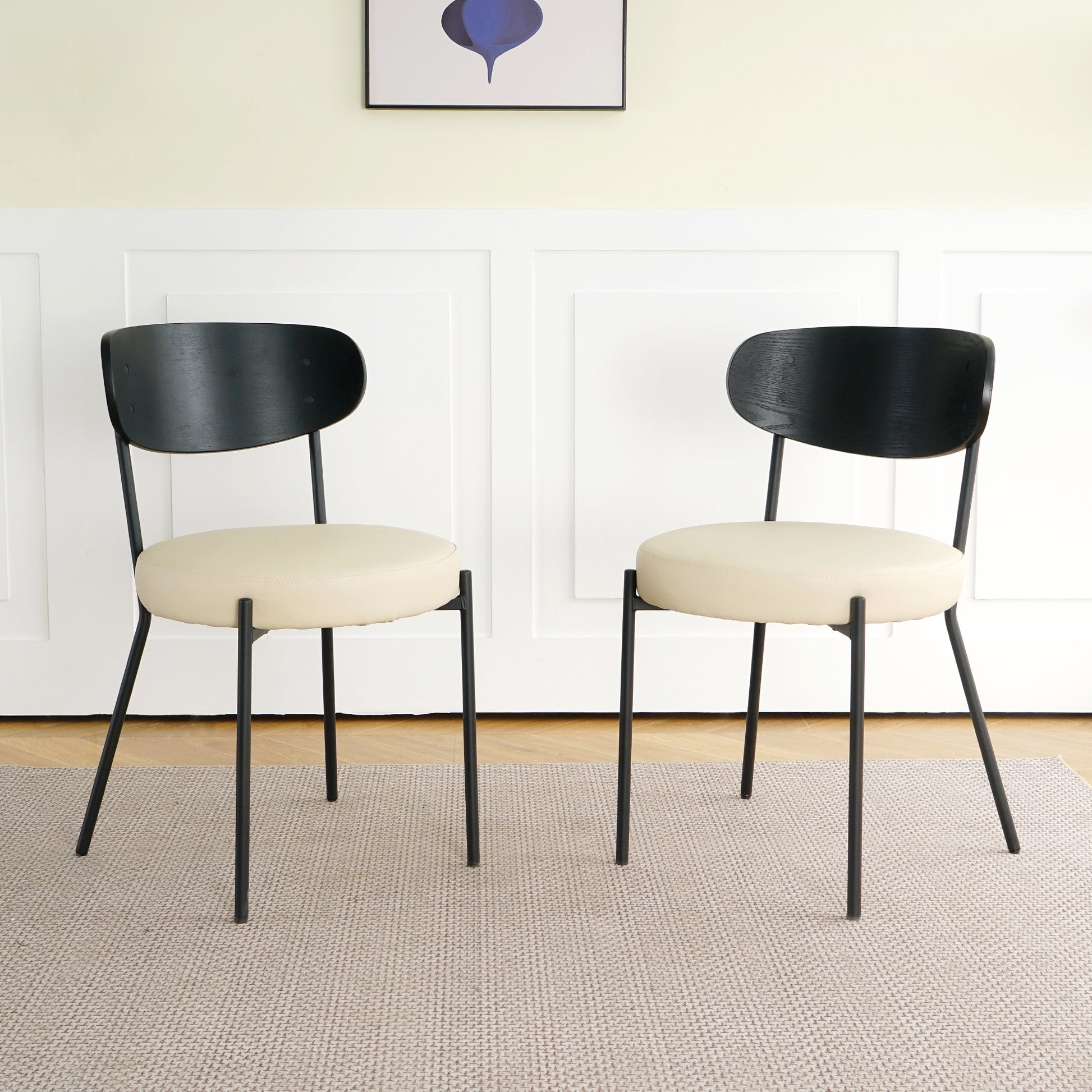 Modern Grey Simple Pu Dining Chair Upholstered Chair Family Bedroom Stool Back Dressing, Black Round Table Set, Bentwood Covered With Ash Veneer Chair Back, Chair Black Metal Legs Set Of 3 Black Mdf