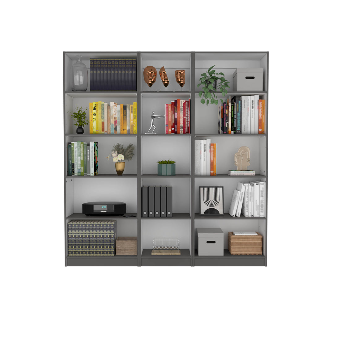 Luetz 3 Piece Home Bookcase Set, 67" Wide With 15 Shelvesliving Room Set Set Matt Gray White Multicolor Particle Board