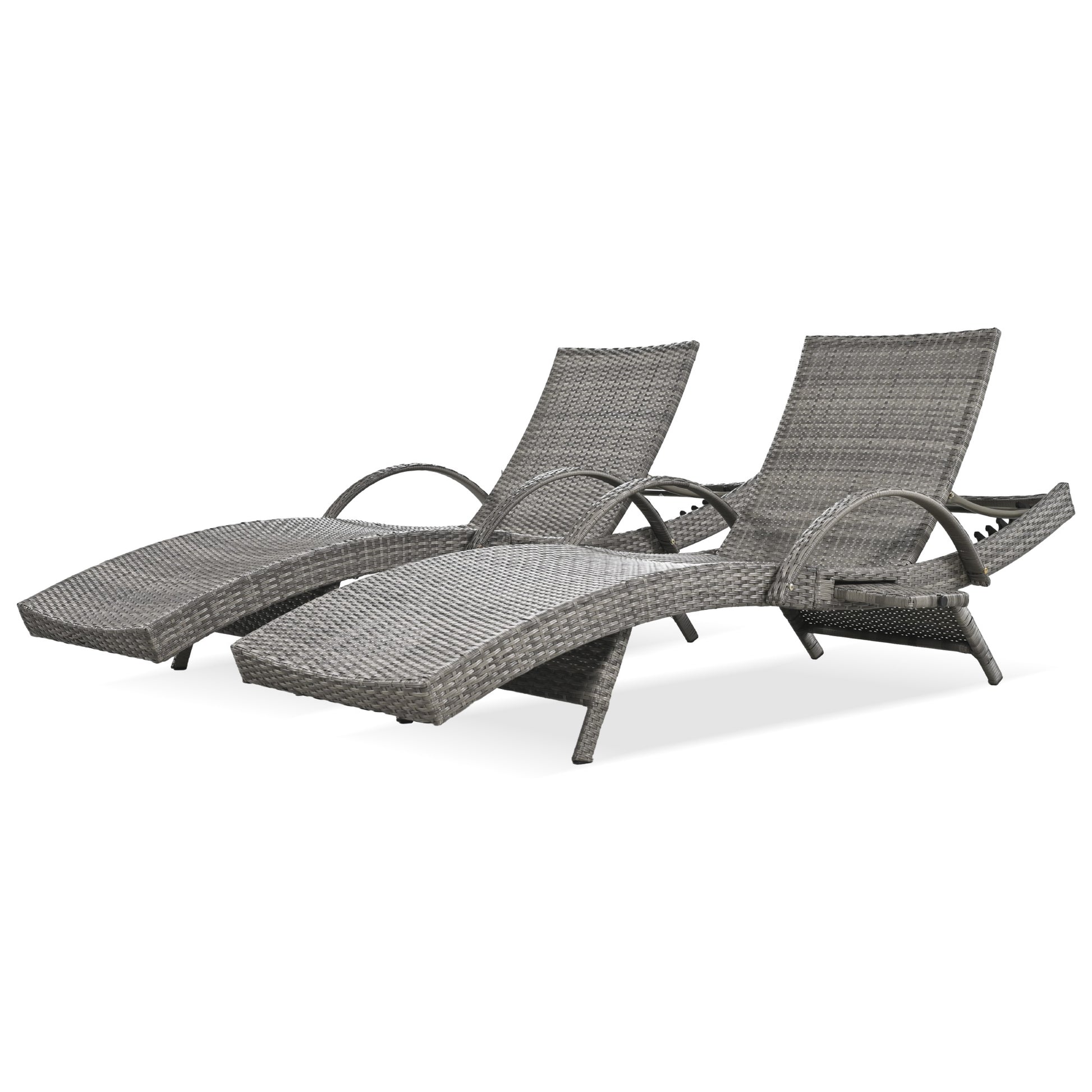 K&K 80'' Outdoor Wicker Chaise Lounge Chairs Set Of 2, Patio Rattan Reclining Chair Pull Out Side Table Adjustable Backrest Ergonomic Wave Design Pool Sunbathing Recliners, Grey No Lounge Grey Seats