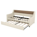 Twin Size Daybed With Trundle, Upholstered Daybed With Charging Station And Led Lights, Beige Twin Beige Pu Leather