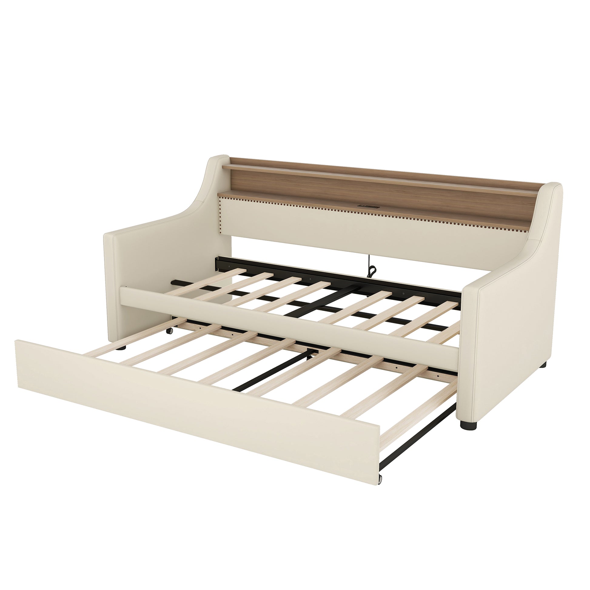 Twin Size Daybed With Trundle, Upholstered Daybed With Charging Station And Led Lights, Beige Twin Beige Pu Leather