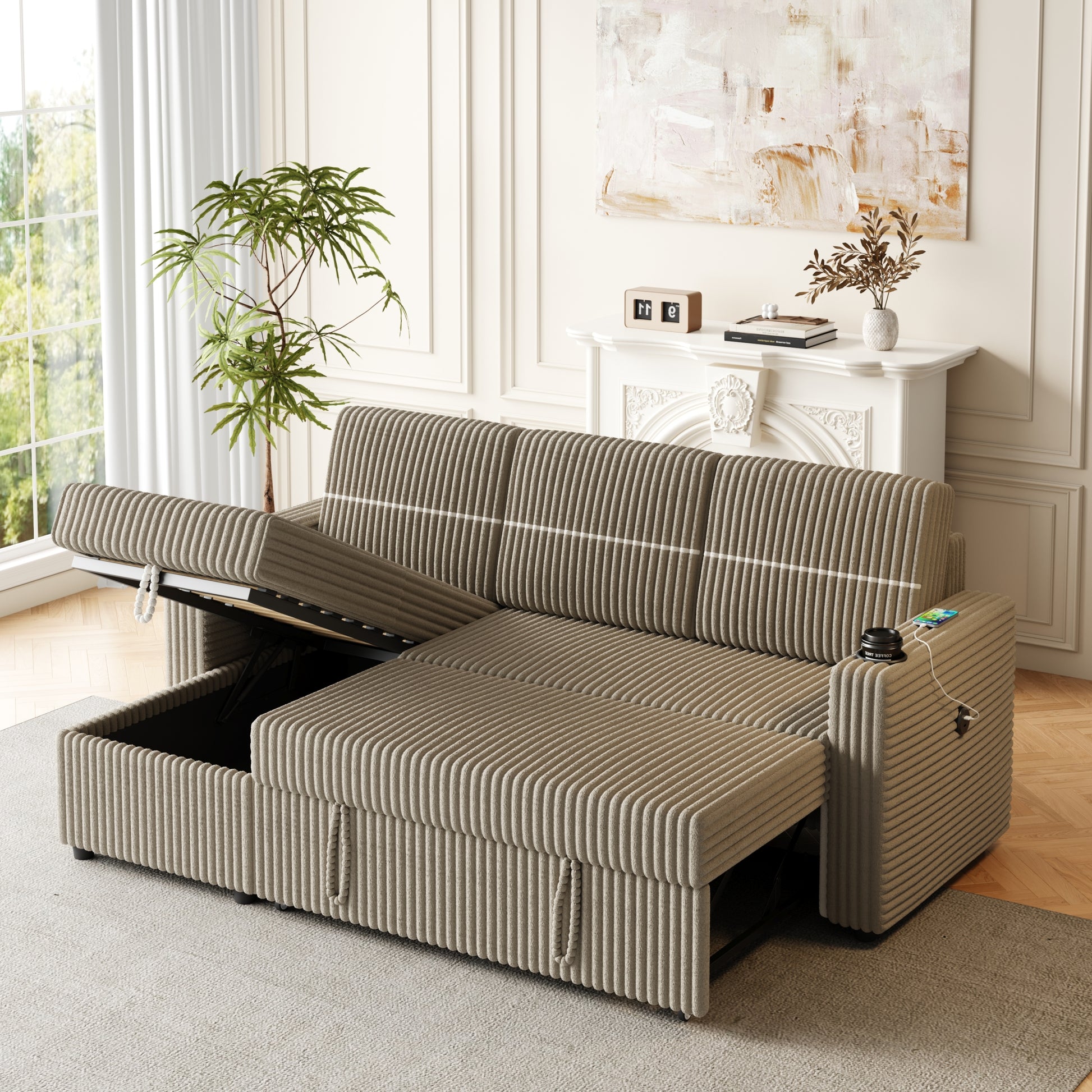 85 Inches Corduroy Sofa Bed, 3 Seater Sleeper Sofa With Storage Chaise, Square Handrail With Two Cup Holder And Usb Charge Port, Pull Out Couch For Living Room Brown Corduroy 3 Seat