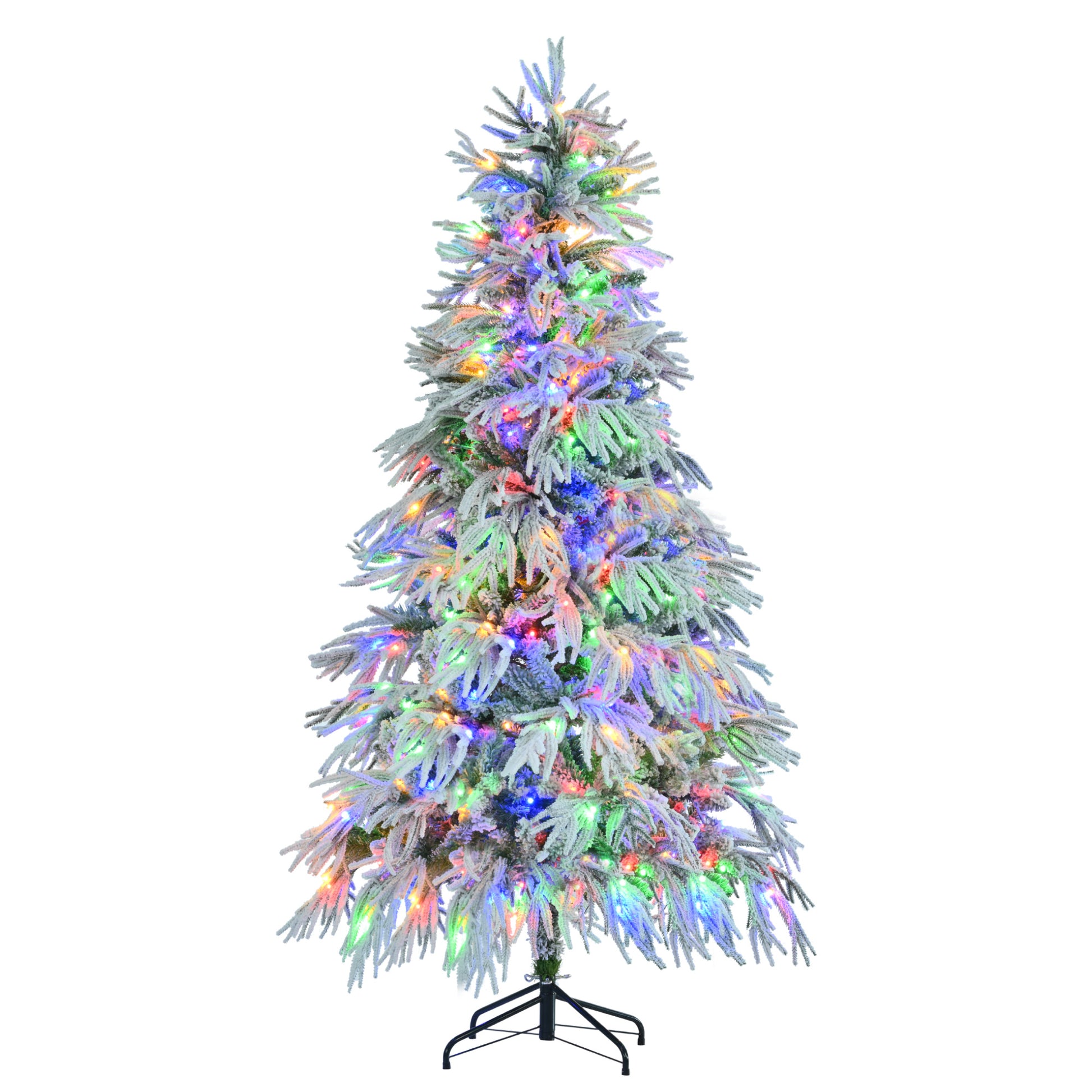 6Ft Pre Lit Spruce Snow Flocked Christmas Tree, Artificial Hinged Xmas Tree With 300 Multi Color Led Lights, 8 Flashing Modes &790 Snow Branch Tips, Holiday Office Home D Cor White Green Polyethylene