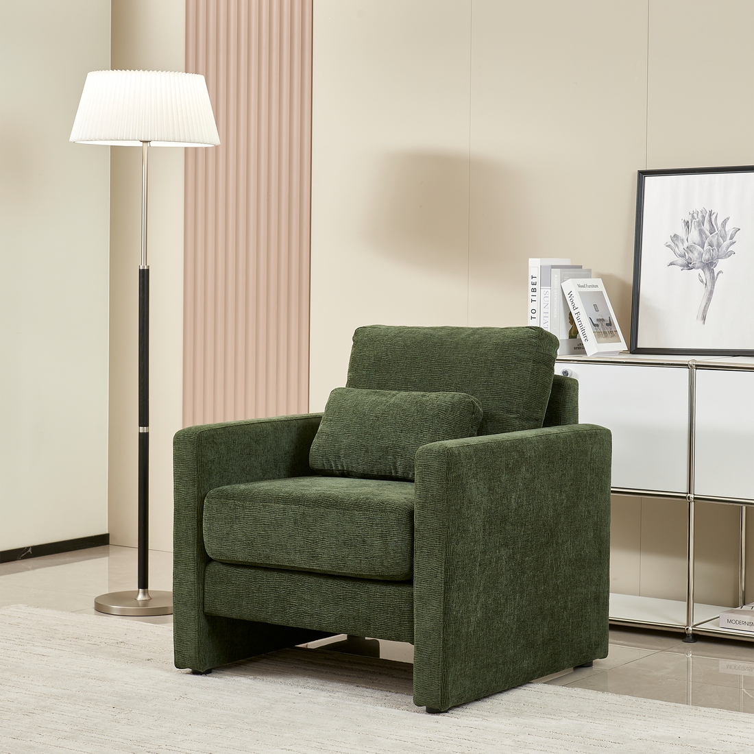 Modern Accent Chair, Chenille Upholstery Armchair Modern Style, Solid Wood Frame Ideal For Living Room, Bedroom, Office Green Wood Foam Chenille 1 Seat