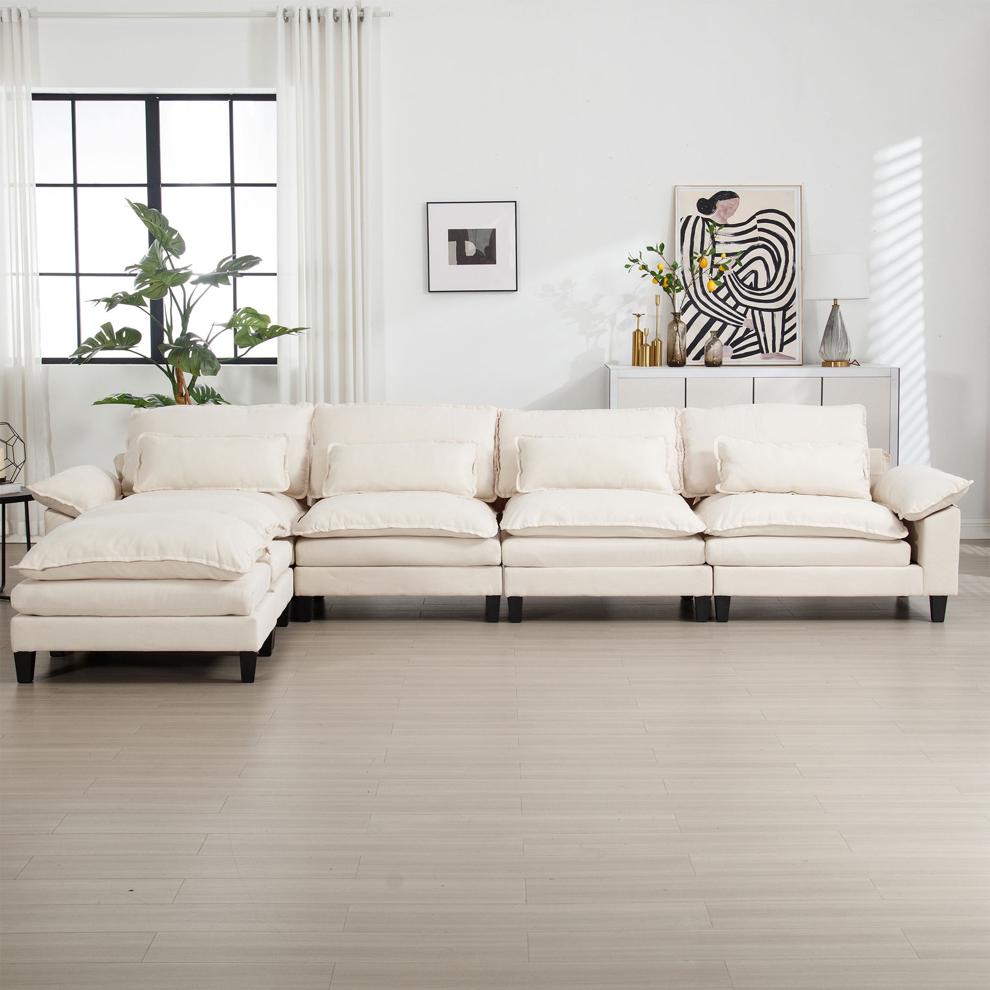 154.8" Oversized Modular Sofaice Velvet Large U Shaped Couch Comfy Upholstered 4 Seat Sofa With 2 Ottoman, 4 Lumbar Pillow, Deep Seat Couch For Living Room Beige Wood Primary Living Space Modern Foam Polyester 6 Seat