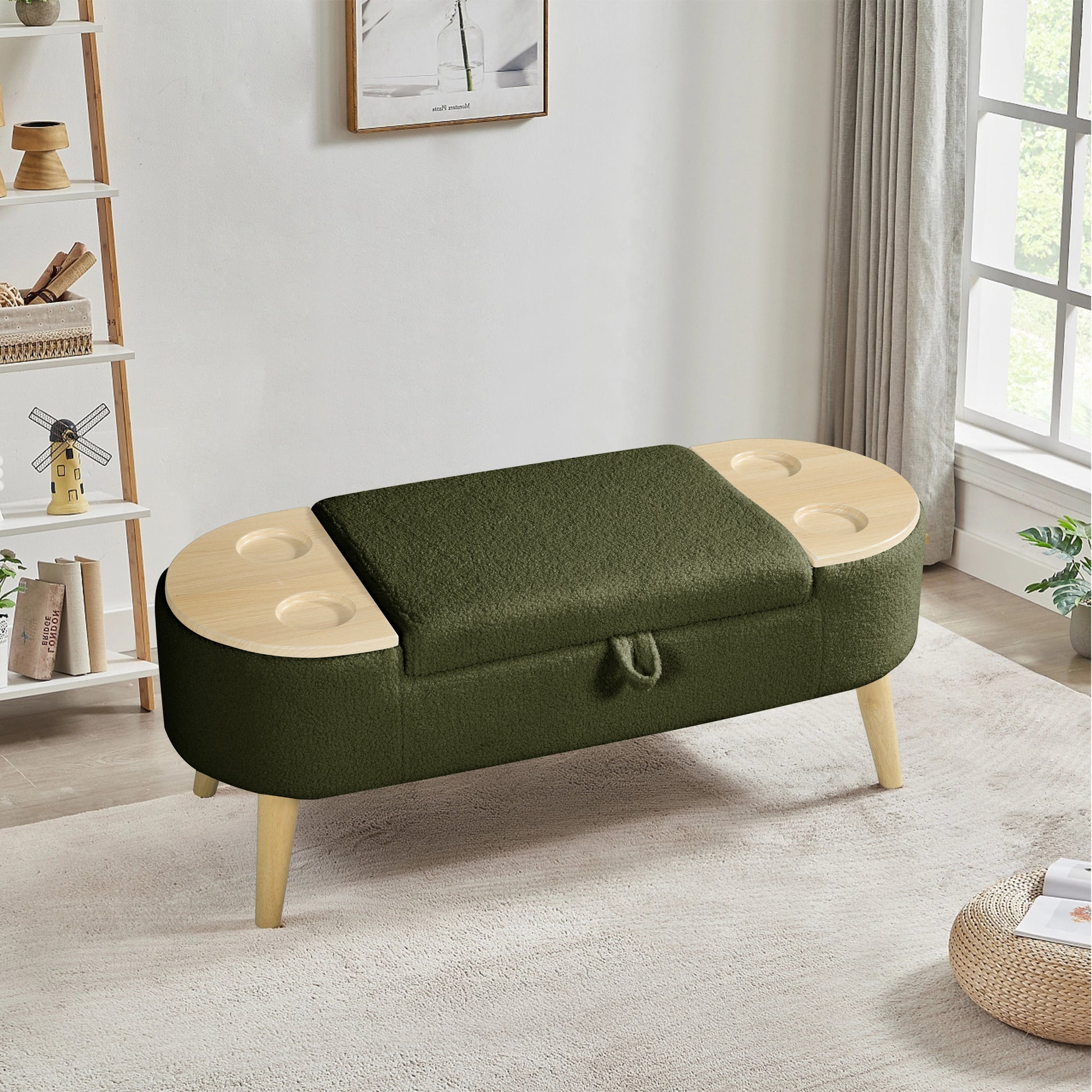 Ottoman Oval Storage Bench 3D Pile Fabric Bench With Large Storage Space For Living Room, Entryway And Bedroom Ingreen Baskets White Primary Living Space Black Eucalyptus Wood Green Step Stools & Step Ladders Cashmere Floral Contemporary Cubby Wool