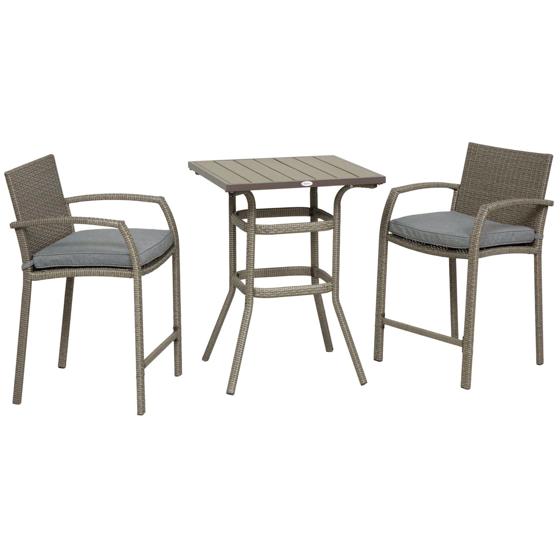 Outsunny 3 Pcs Rattan Wicker Bar Set With Wood Grain Top Table And 2 Bar Stools For Outdoor, Patio, Poolside, Garden, Grey Grey Steel