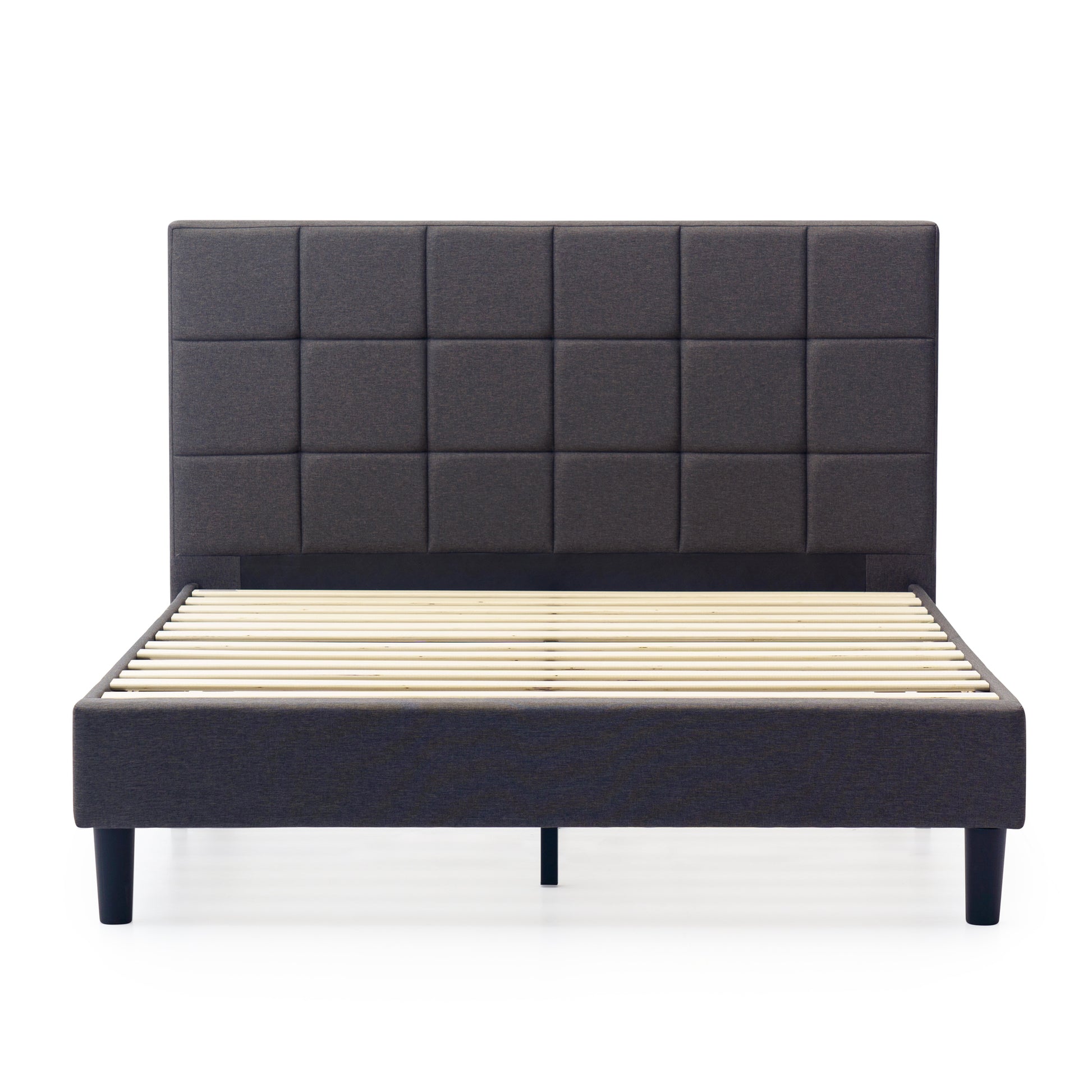 Upholstered Platform Bed Square Stitch King Grey Wood Upholstered