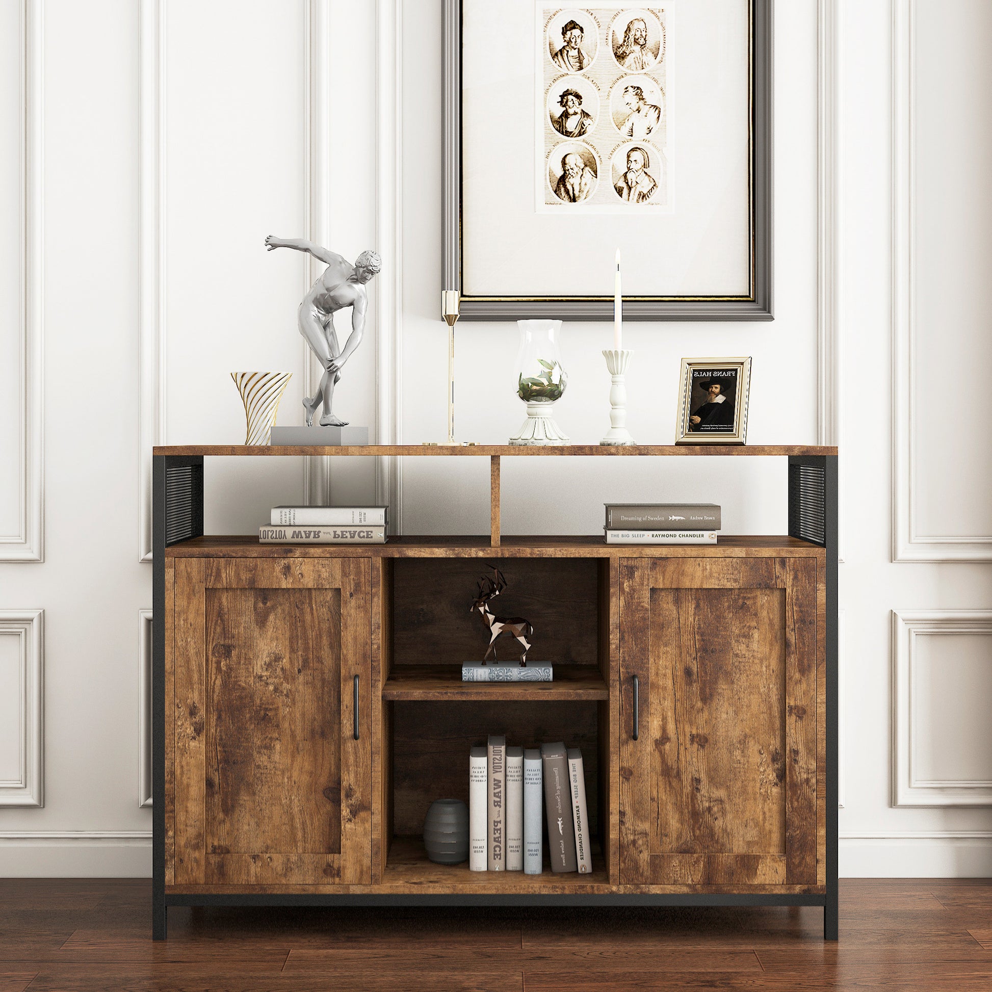 Sideboard, Storage Cabinet With Open Shelves For Kitchen Dining Room Living Room, Industrial Style, Rustic Brown, 43.7X15.74X31.5Inches Rustic Brown Mdf