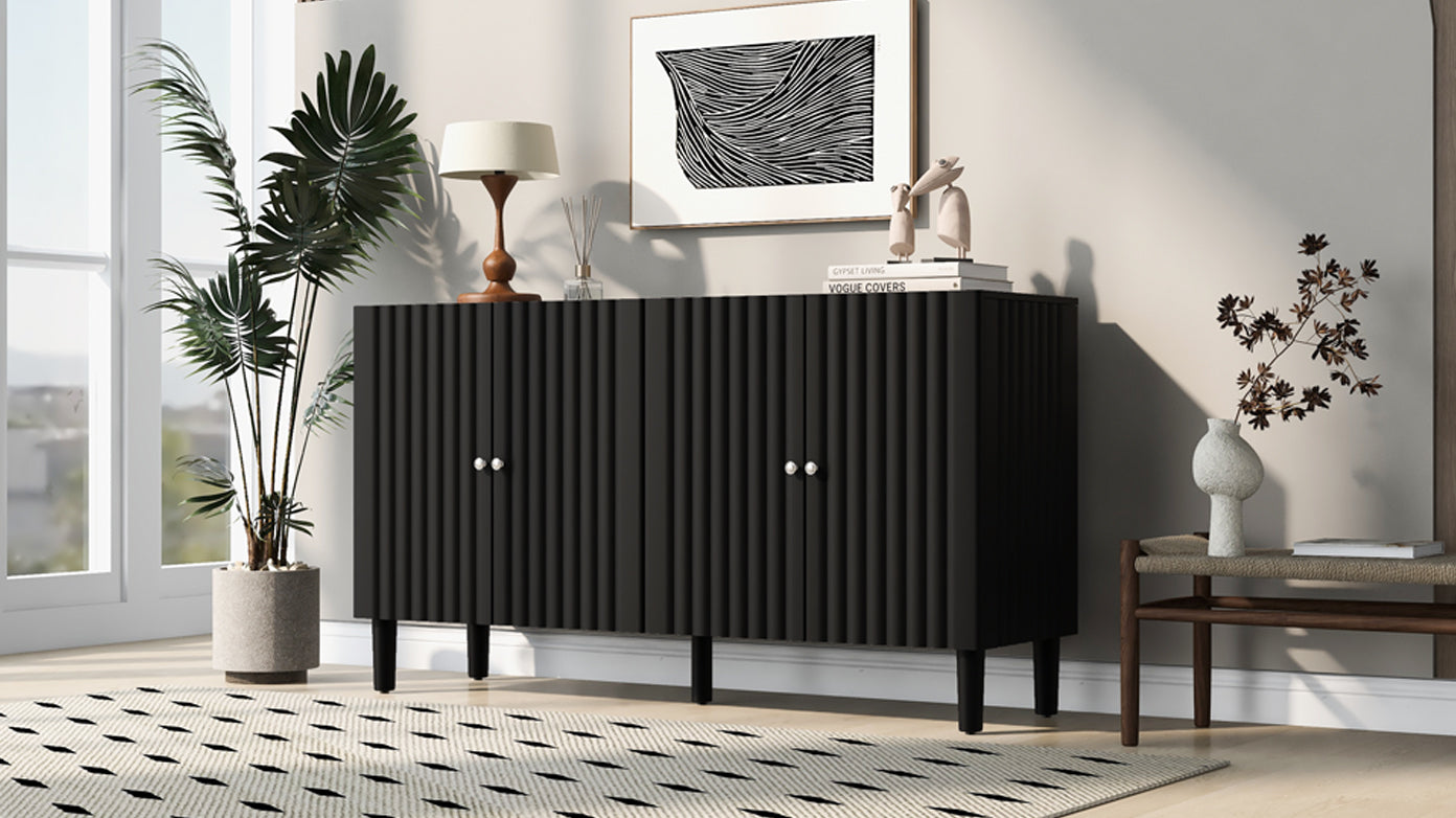 Elegant Four Door Sideboard With Wavy Pattern Doors, Cylindrical Legs, And Sleek Metal Handles, Adjustable, Suitable For Study, Entryway And Living Room Black Primary Living Space American Design