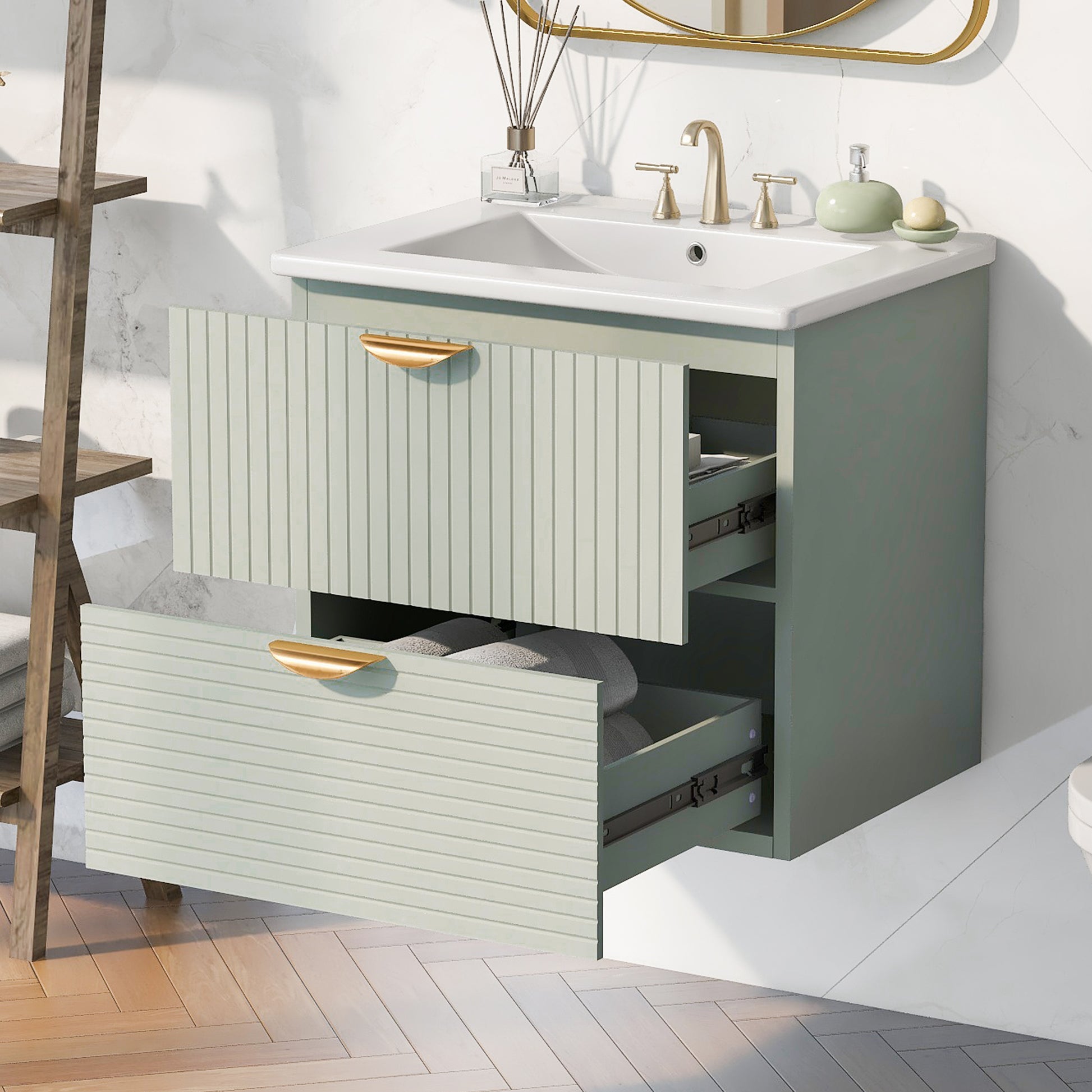 Modern 24 Inch Wall Mounted Bathroom Vanity With 2 Drawers, Green Ideal For Small Bathrooms Green Bathroom Mdf