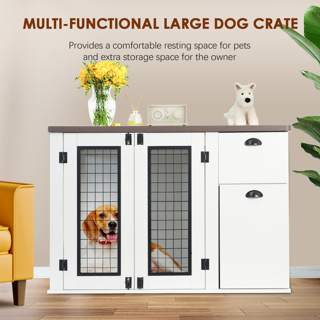 Furniture Style Dog Cage, Wooden Dog Cage, Double Door Dog Cage, Side Cabinet Dog Cage, Dog Crate White Deep Walnut American Design Particle Board