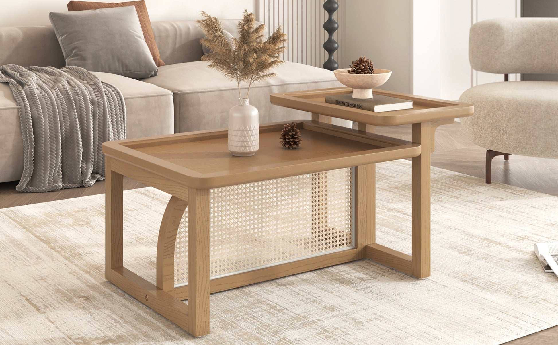 Modern 2 Piece Nesting Rattan Wood Mdf Coffee Table Set In Natural Natural Rubber Wood