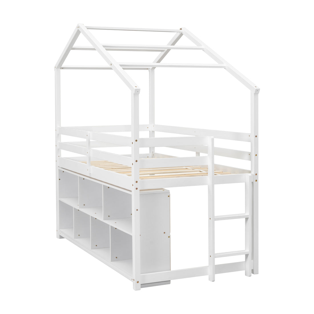 Twin House Loft Bed With Roof Frame, Under Bed Shelving Storage Unit, Guardrails, Ladder,White Twin White Bedroom American Design Pine Pine