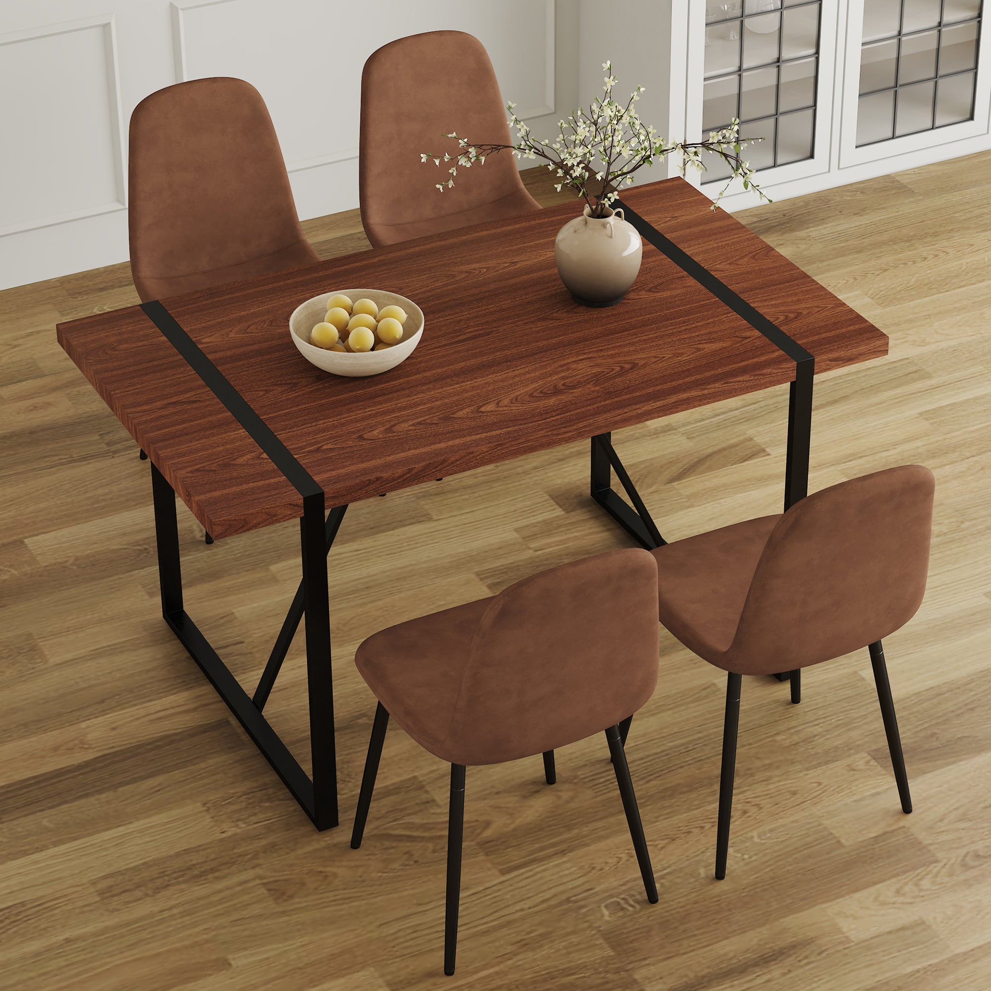 Table And Chair Set. A Minimalist Retro Rectangular Dining Table With A Specially Textured Top And Black Metal Legs, Paired With 4 Soft Chairs And Black Metal Legs, Showcases A Beautiful Home Style.