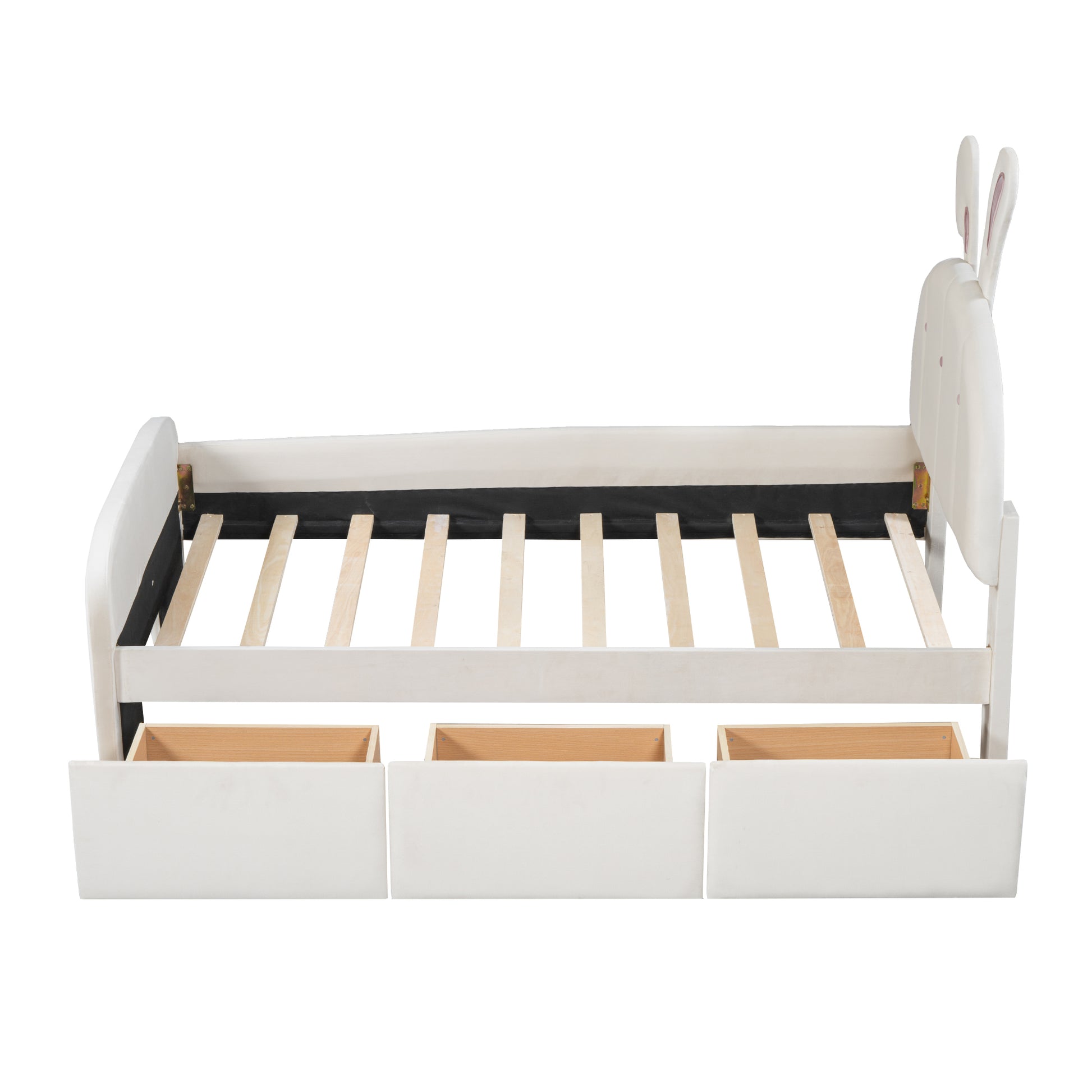 Twin Size Velvet Platform Bed With Rabbit Shaped Headboard, With Drawers, With Bed End Storage Pocket, Beige Twin Beige Plywood