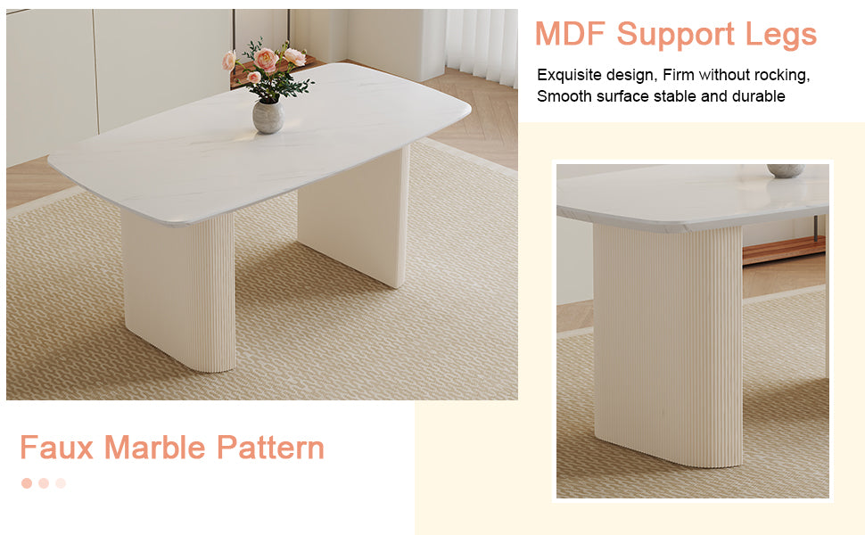 Table And Chair Set.67*35.4 Cream Style Mdf White Dining Table Set With 8 Cream Style Dining Chairs With A Vertical Line Design On Backrest.Adding A Warm And Gentle Atmosphere To Your Family. White