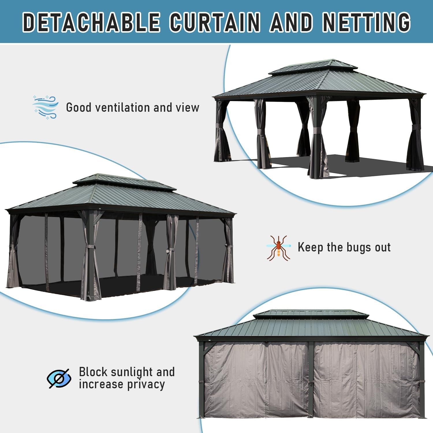 14X24Ft Hardtop Gazebo, Outdoor Gazebo With Galvanized Steel Double Roof, Aluminum Frame, Built In Gutter System, Curtain And Netting, Metal Gazebo Pavilion For Patio Deck Garden, Grey Grey Aluminum