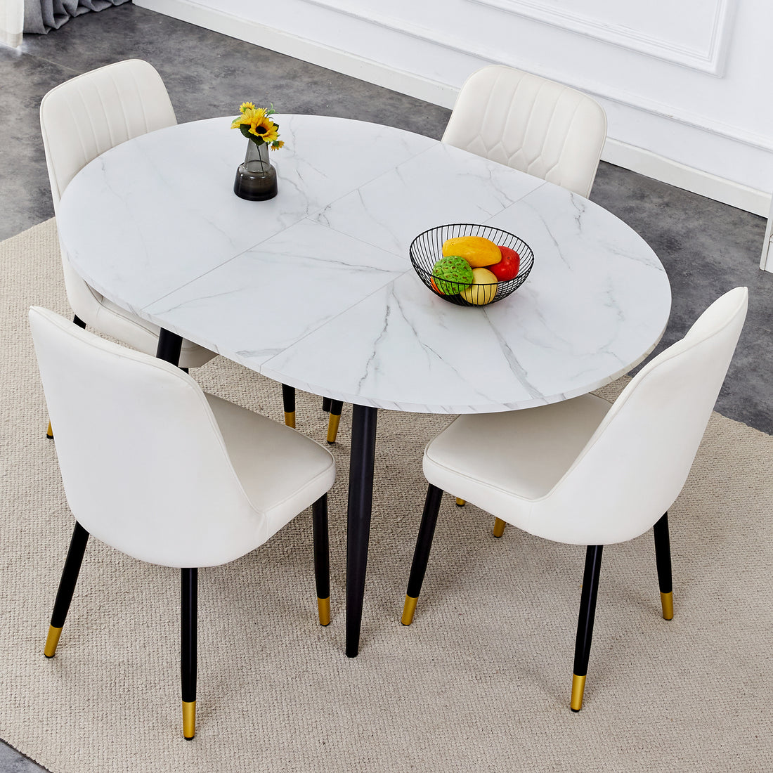 Table And Chair Set.Modern Extendable Mdf Dining Table.The Table Has A Telescopic Design, Suitable For Gatherings Of Different Size.Paired With 4 Chairs With Pu Cushions And Black Metal Legs. White Black Seats 4 Mdf Metal