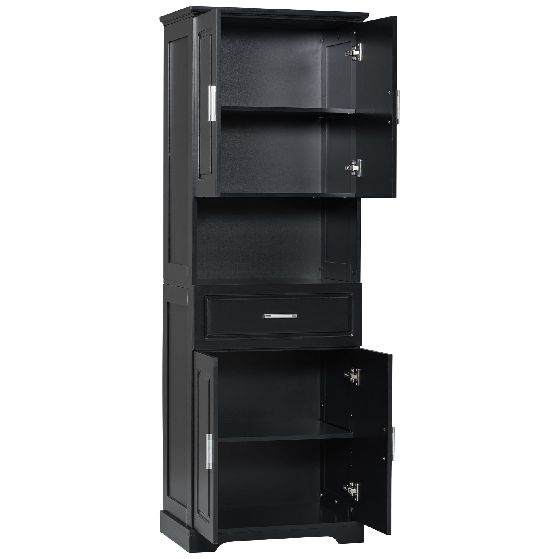 Tall Bathroom Cabinet With Four Doors, Large Storage Space Open Shelve, Upper Storage Cabinet, Black Black Mdf