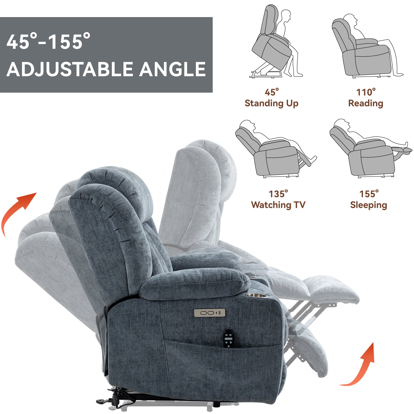 Up To 350 Lbs Chenille Power Lift Recliner Chair, Heavy Duty Motion Mechanism With 8 Point Vibration Massage And Lumbar Heating, Usb And Type C Ports, Stainless Steel Cup Holders, Blue White Metal Primary Living Space Heavy Duty Pine Blue Chenille Power