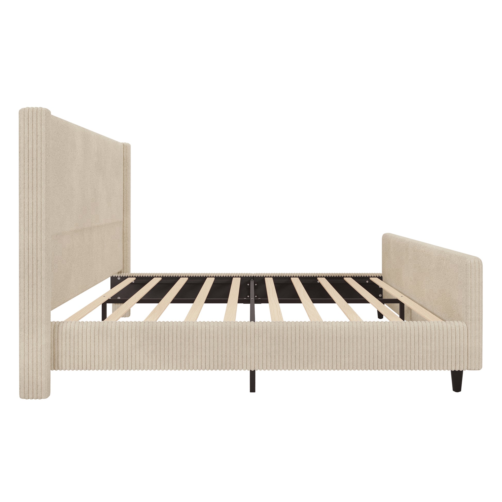 50.7'' High Headboard Corduroy Upholstered Bed Frame With Vertical Stripe Wingback And High Footboard No Box Spring Needed, King Size, Cream Box Spring Not Required King Cream Wood Bedroom Modern Bed Frame Wood