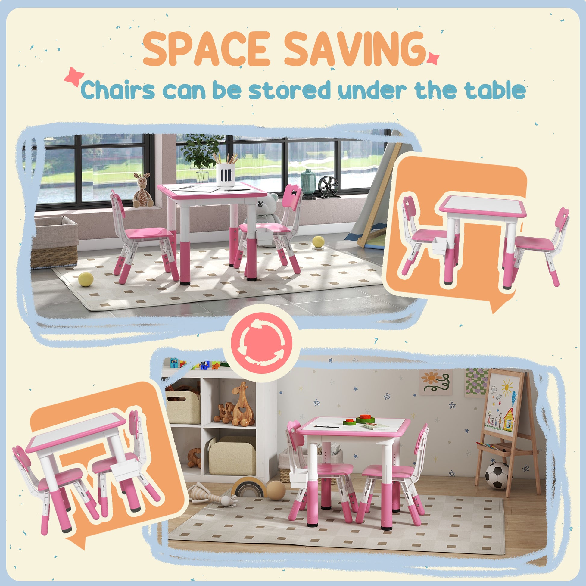 Qaba 3 Piece Kids Table And Chairs, Height Adjustable Toddler Table And Chair Set With Storage, Easy To Wipe Activity Table, 2 Chairs For Daycare Classroom & Ages 18 Months 5 Years, Pink Pink Mdf Metal