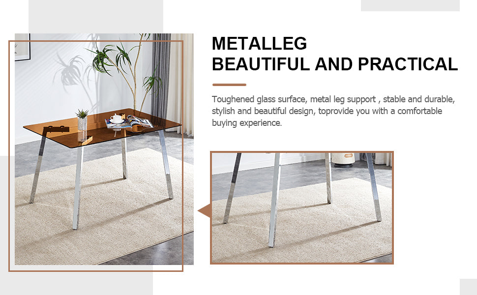 Table And Chair Set. Large Modern Rectangular Table With Brown Glass Top And Silver Metal Legs. It Comes With Soft And Comfortable Pu Seats, Faux Leather Upholstered Seats And Silver Metal Legs. Black,Brown Seats 4 Glass Metal
