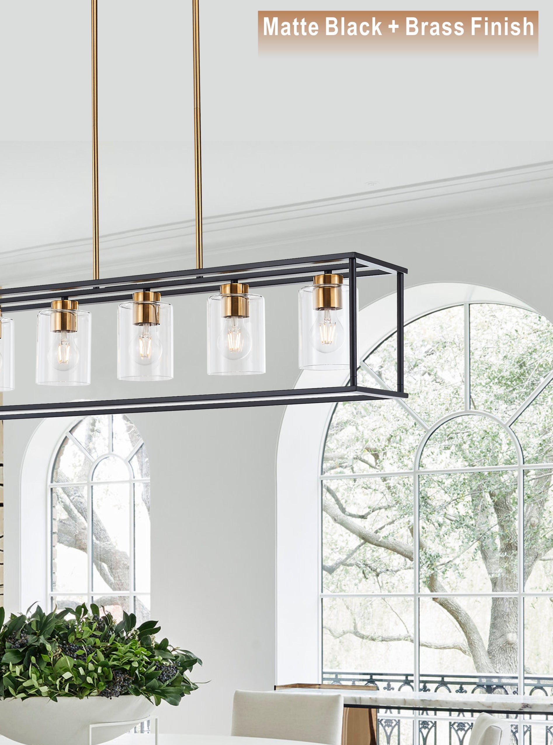 5 Lights Industrial Farmhouse Style Hanging Decorative Rectangle Pendant Lights, Black Antique Brass With Clear Glass Shade, Dining Room Kitchen Island Chandelier Antique Brass,Matte Black Ceiling