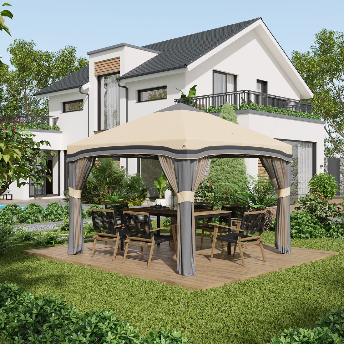 Outsunny 10' X 10' Pop Up Canopy Tent With Netting, Instant Tents For Parties, Height Adjustable, With Wheeled Carry Bag And 4 Sand Bags For Outdoor, Garden, Patio, Beige Beige Steel