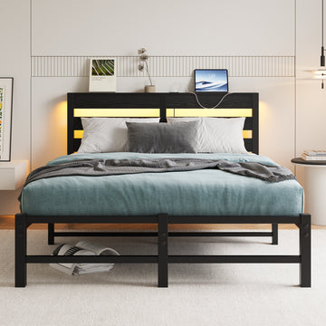 Full Size Metal Bed Frame With Wooden Headboard, Rgb Lights, Outlets & Charger, Storage Shelf, Noise Free, No Box Spring Needed Box Spring Not Required Full Black Metal Bedroom Bed Frame Metal & Wood