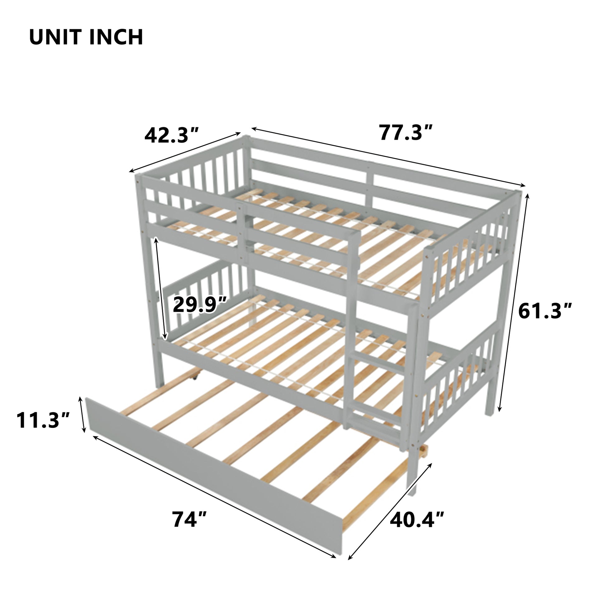 Twin Over Twin Rubber Wood Bunk Bed With Trundle, Convertible Into 2 Twin Size Beds, Twin Size Bunk Bed With Ladder And Safety Guardrails,Grey Twin Grey Rubber Wood