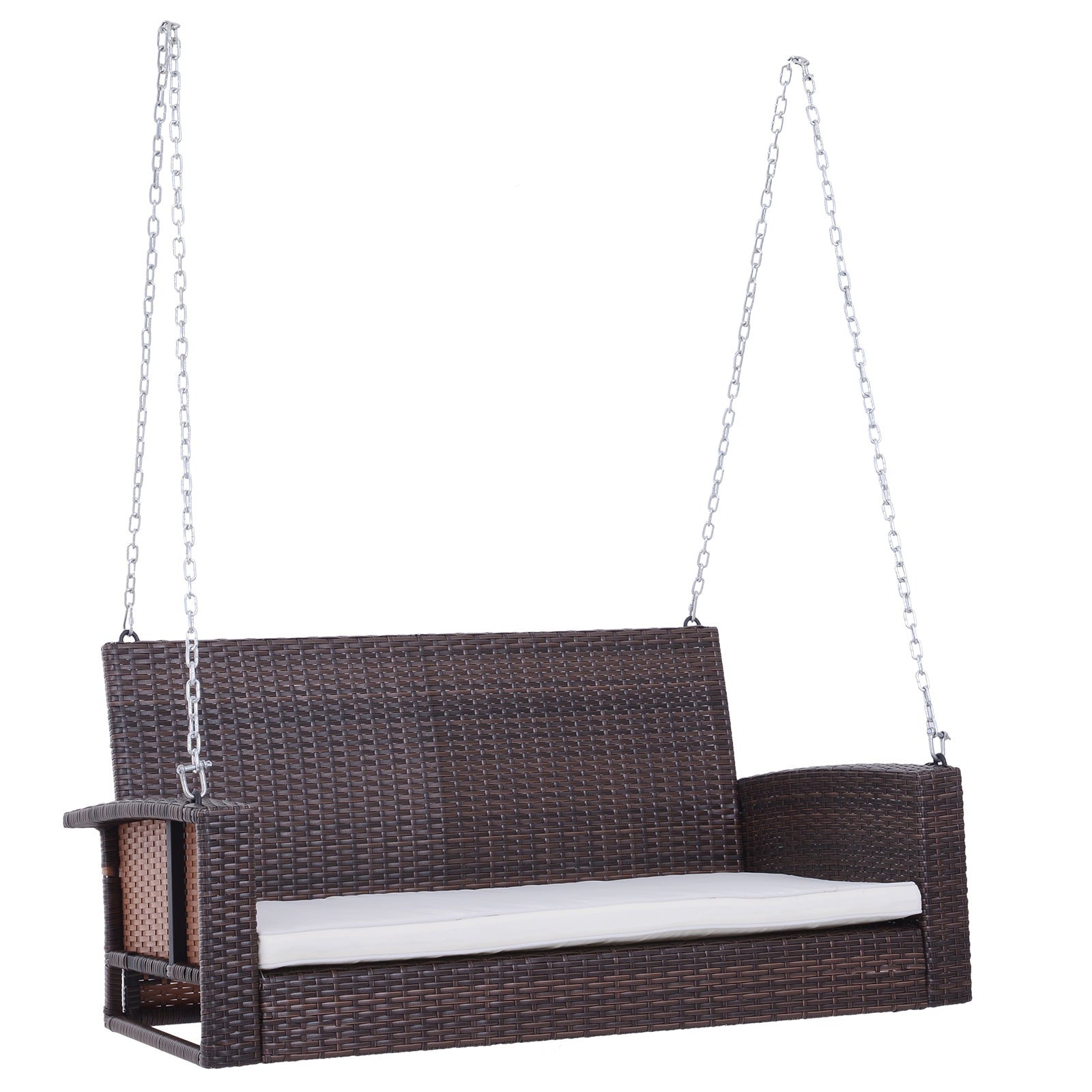 Outsunny 2 Person Wicker Hanging Swing Bench, Front Porch Swing Outdoor Chair With Cushions 550 Lbs. Weight Capacity For Backyard, Garden, Cream White Brown Rattan Metal