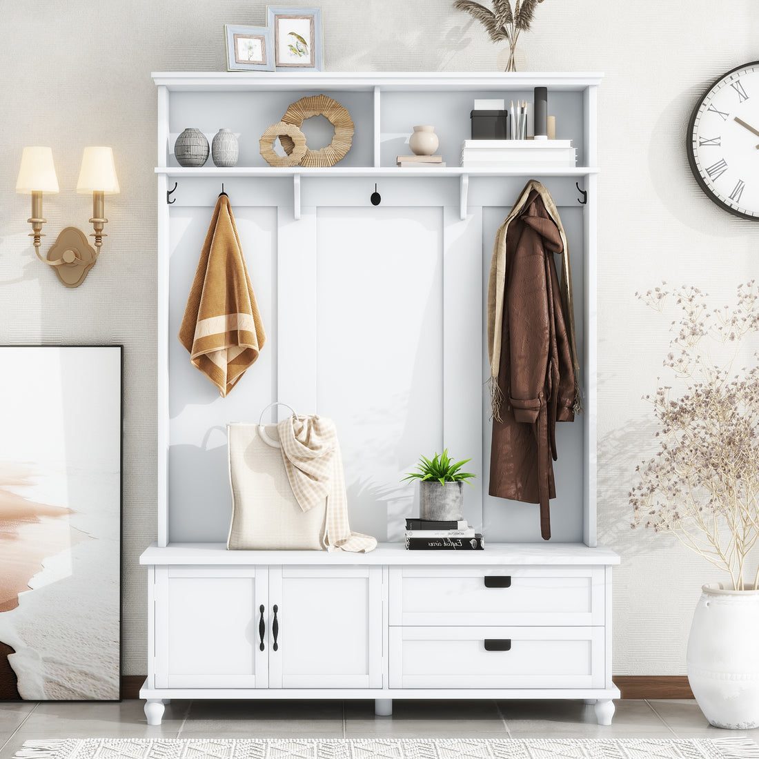 Modern Style Hall Tree With Storage Cabinet And 2 Large Drawers, Widen Mudroom Bench With 5 Coat Hooks, White White Primary Living Space Particle Board