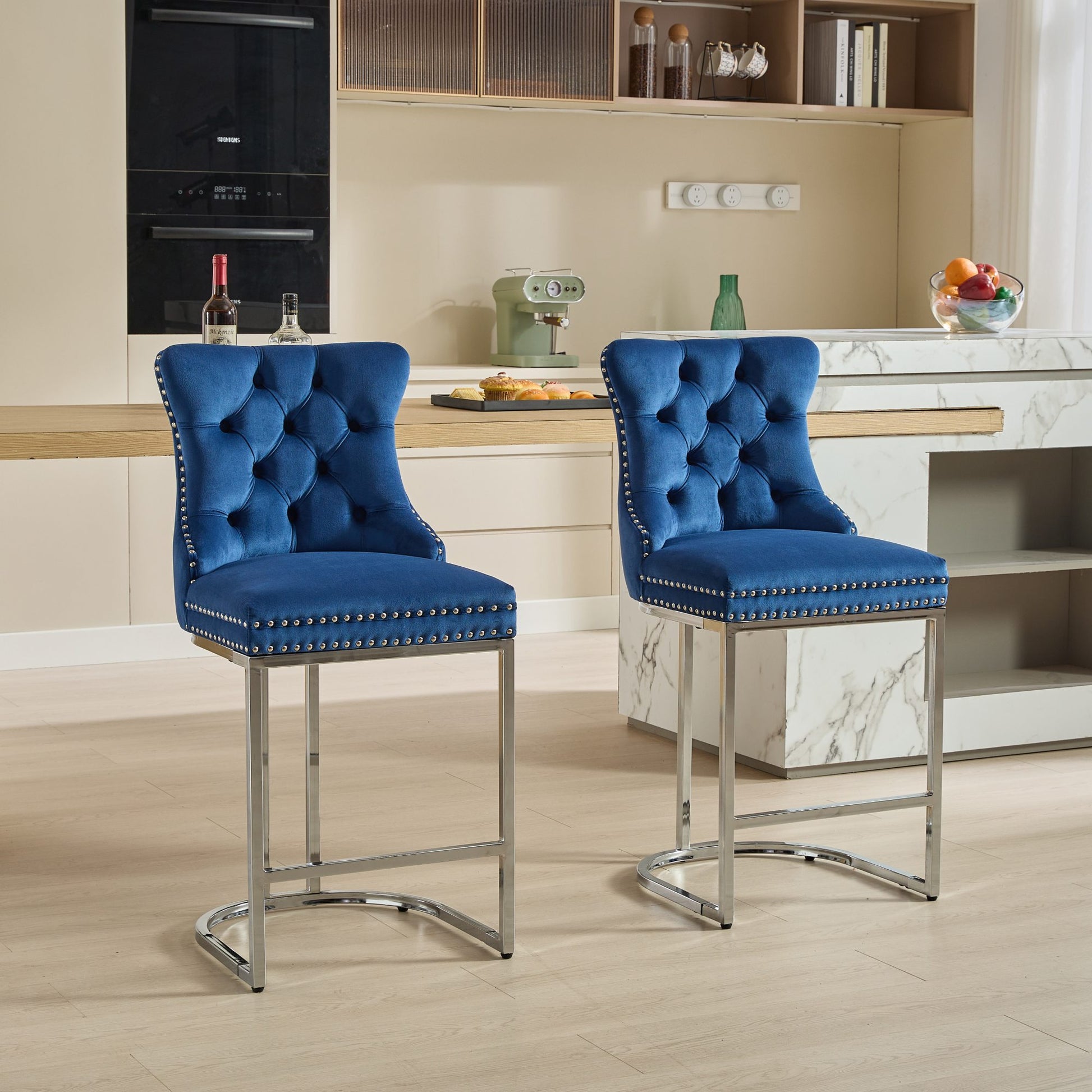 25" Counter Height Bar Stools Set Of 2, Modern Velvet Barstools With Button Back&Rivet Trim Upholstered Kitchen Island Chairs With Sturdy Chromed Metal Base Legs Farmhouse Bar Stools, Blue,2 Pack