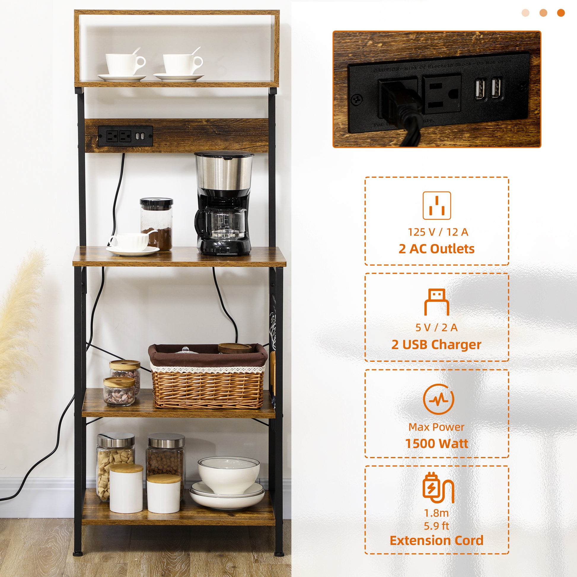 Homcom Kitchen Bakers Rack With Power Outlet, Usb Charger, Microwave Stand, Coffee Bar With Adjustable Shelves, 5 Hooks For Spices, Pots And Pans, Rustic Brown Rustic Brown Particle Board