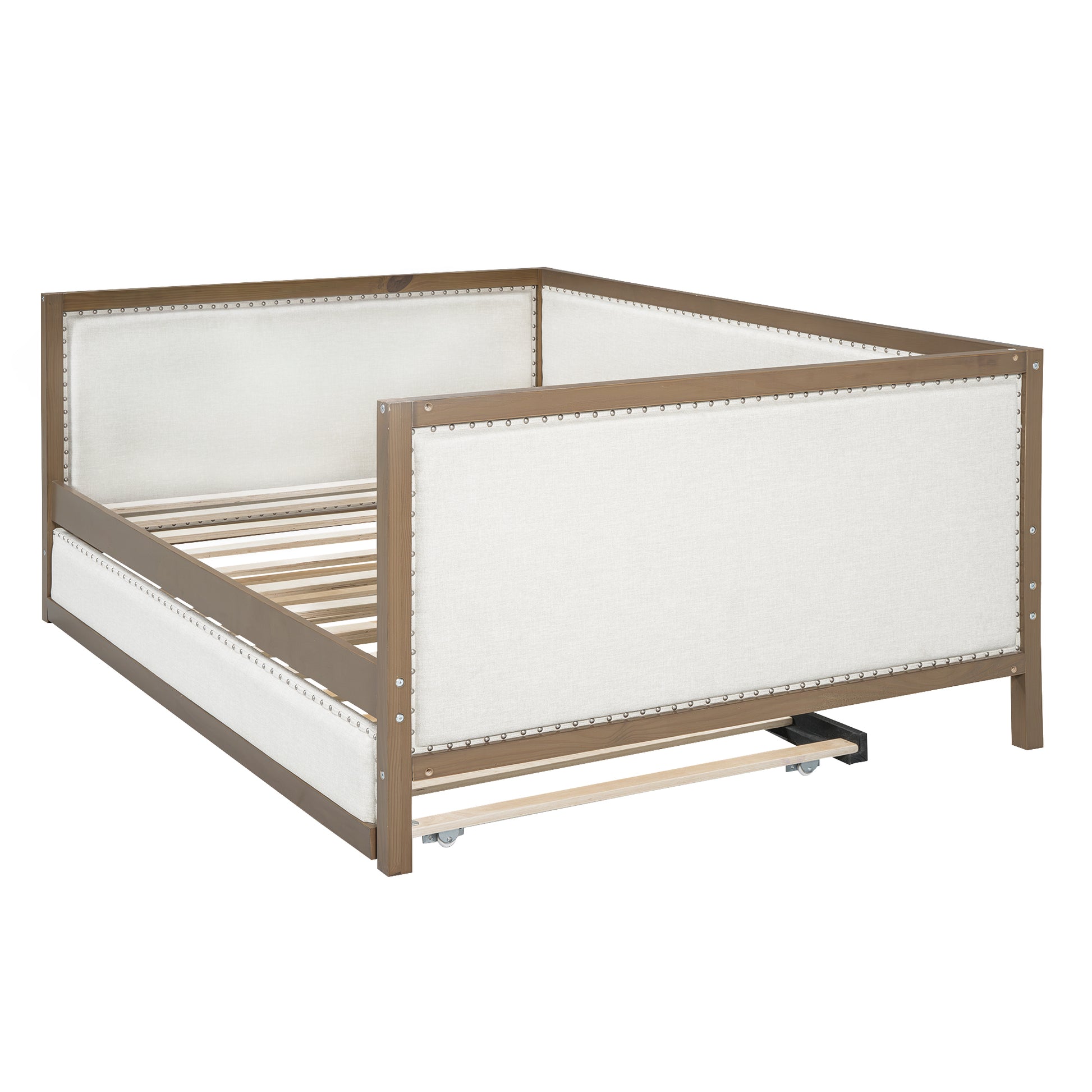 Full Size Upholstered Daybed With Trundle And Decoration, Wood Color Box Spring Not Required Full Wood Wood Daybeds Linen Upholstered