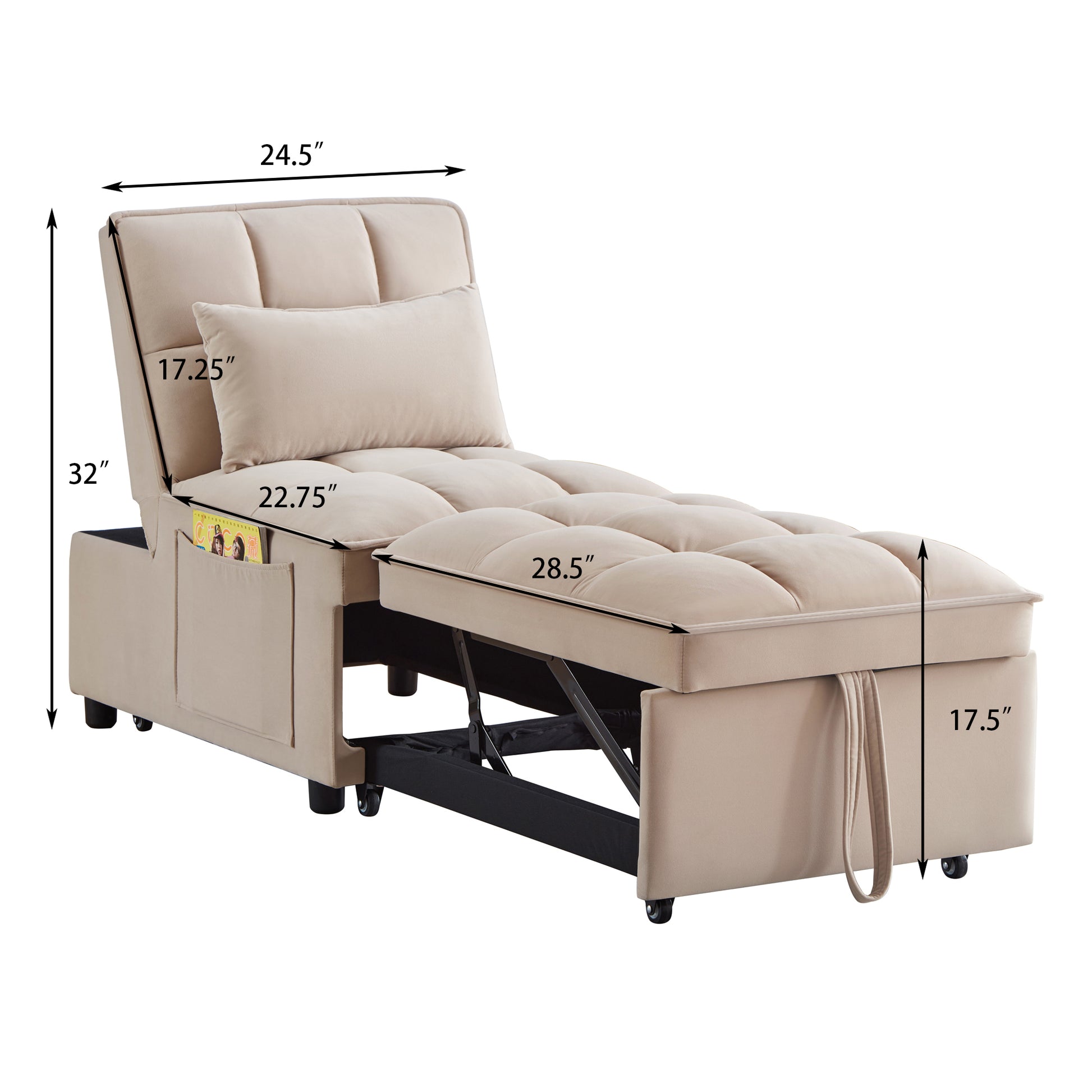4 In1 Multi Function Single Sofa Bed With Storage Pockets,Tufted Single Pull Out Sofa Bed With Adjustable Backrest And Pillows ,Convertible Chaise Lounge,Taupe Taupe Velvet Metal Primary Living Space American Design Armless Foam Velvet 1 Seat