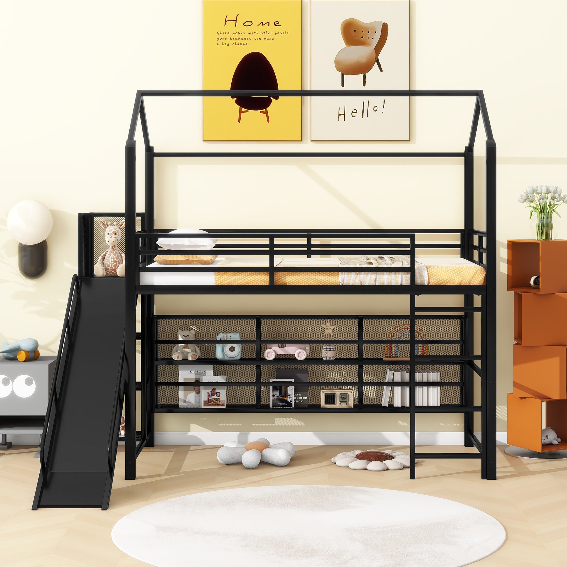 Twin Size House Metal Loft Bed With Iron Mesh Shelves And Slide,Black Black Metal