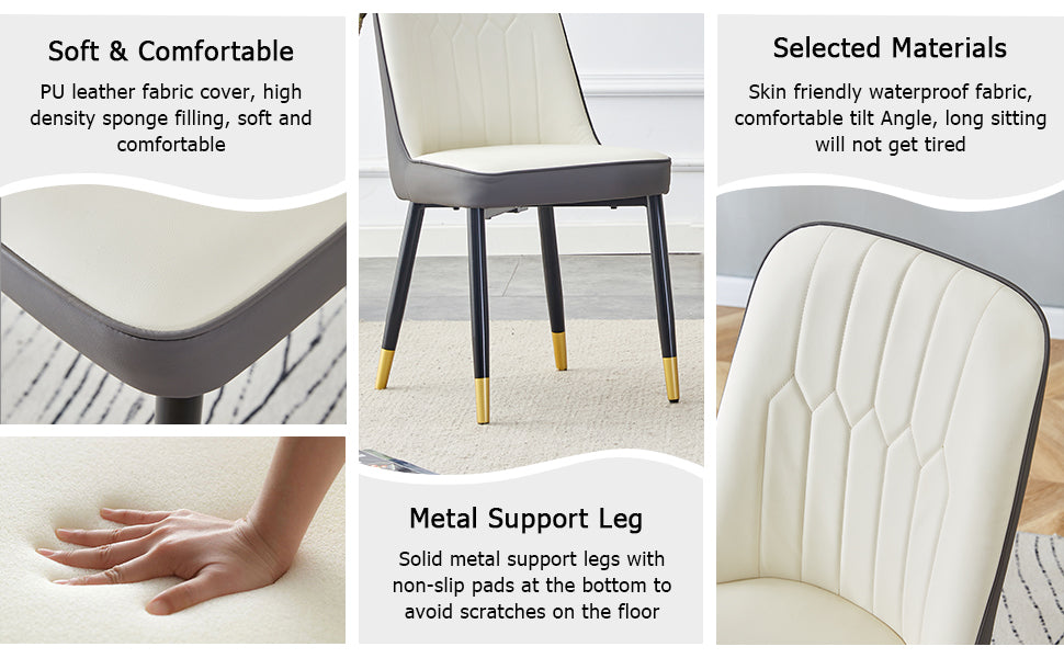 Table And Chair Set.Modern Rectangular Dining Table With Black Textured Stickers Glass Tabletop And Gold Plated Metal Legs.Paried With 4 Comfortable Chairs With Pu Seats And Black Metal Legs. Black Gold,White,White Gray Seats 4 Glass Metal