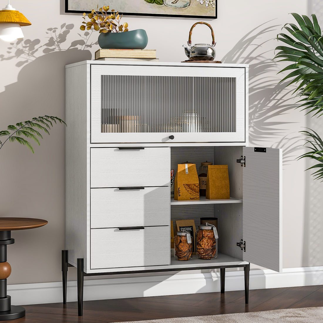 Sideboard With 3 Drawers ,1 Door And 1 Glass Door Wood Cabinet With Storage For Kitchen, Dining Room, Hallway 33.46" X 15.74" X 47.2" 5 Or More Spaces White White Glass Doors Modern Particle Board