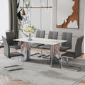 Modern Minimalist Dining Table. Imitation Marble Glass Sticker Desktop, Stainless Steel Legs, Stable And Beautiful. 6 Premium Pu Seats. 63 Inches * 35.4 Inches * 29.5 Inches Dt 69 C 1162 Silver Glass