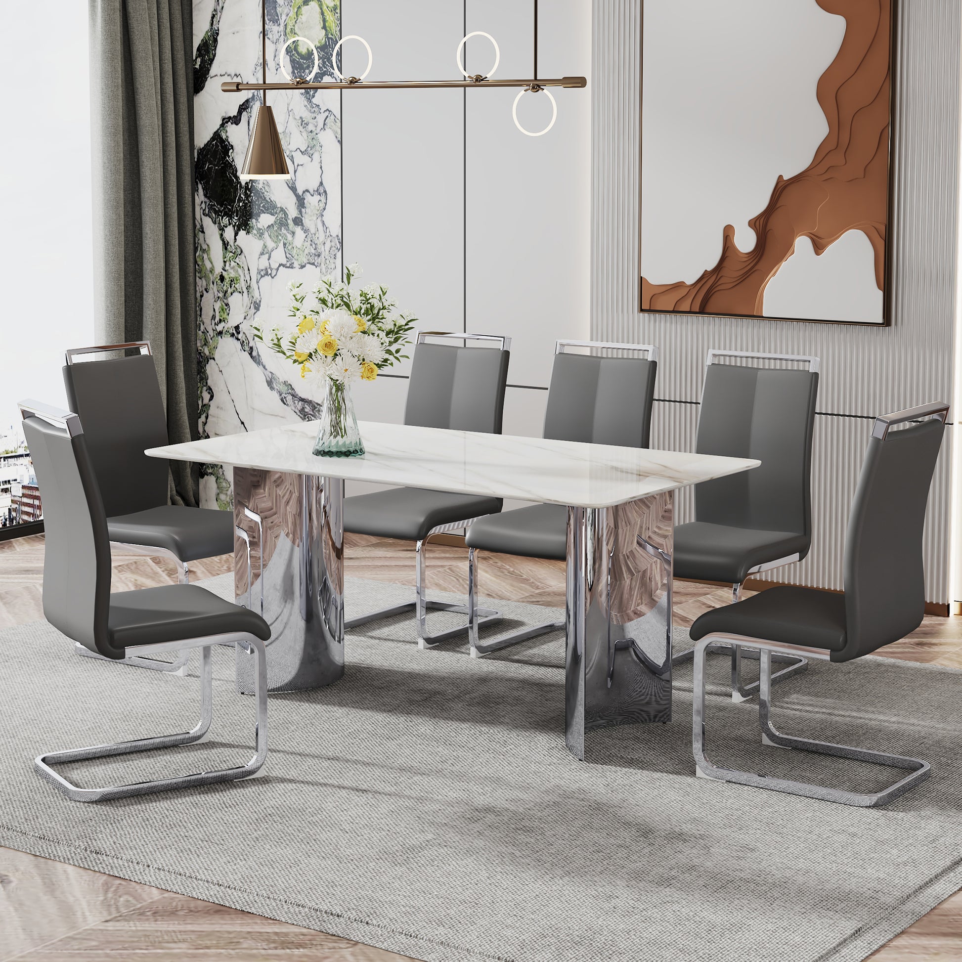 Modern Minimalist Dining Table. Imitation Marble Glass Sticker Desktop, Stainless Steel Legs, Stable And Beautiful. 6 Premium Pu Seats. 63 Inches * 35.4 Inches * 29.5 Inches Dt 69 C 1162 Silver Glass