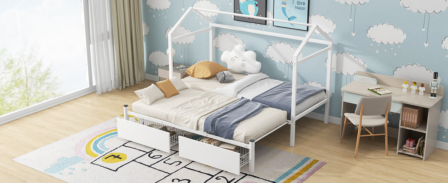 Twin Xl To King Metal Twin Size House Platform Bed With 2 Drawers, White Box Spring Not Required Twin Xl White Metal Bed Frame Metal