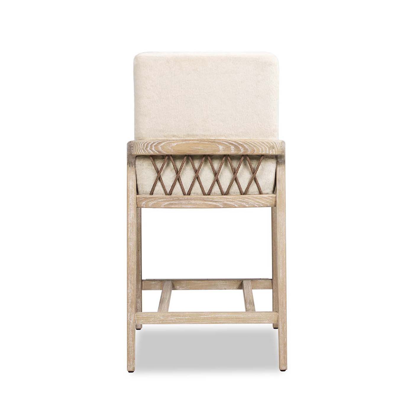 Arizona 25.5" Solid Ash Wood Upholstered Counter Stool With Rope Detail, Cr Me De La Cr Me White Faux Fur White Foam Faux Fur