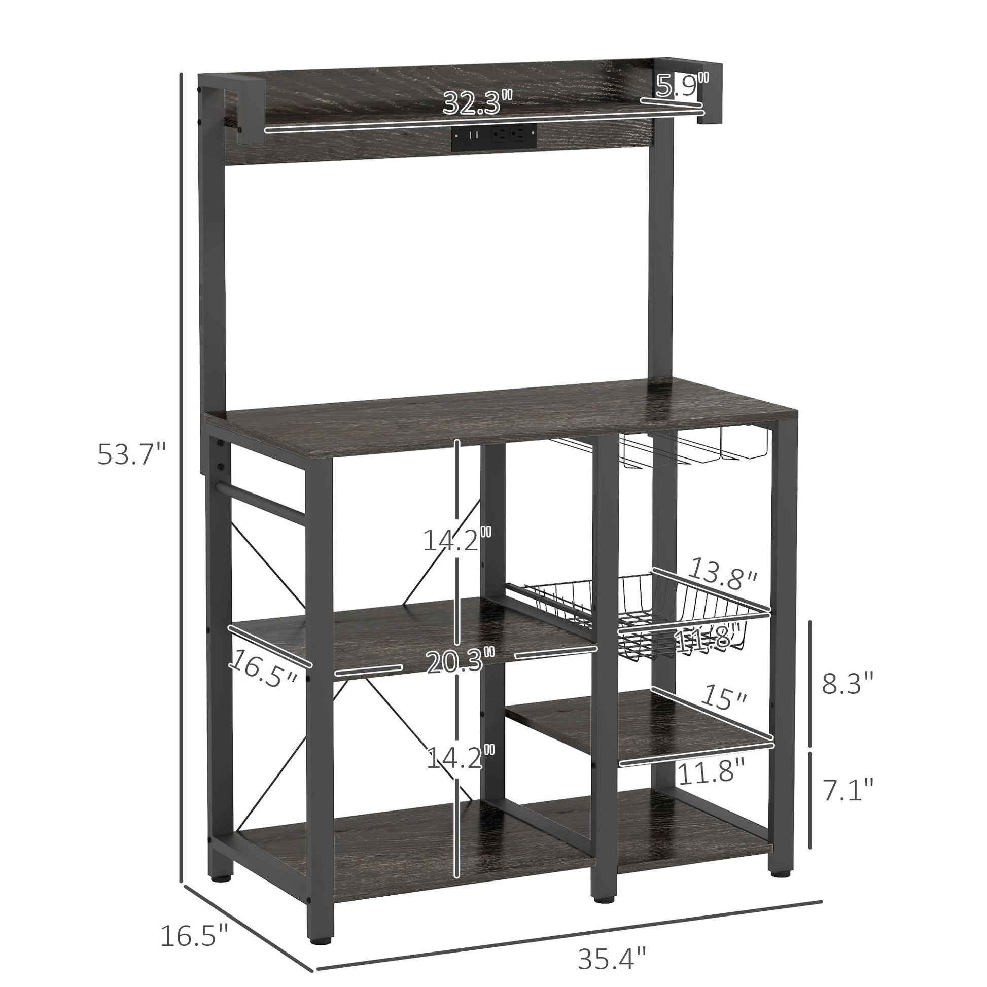 Homcom Baker'S Rack With Power Outlet And Led Lights, Bakers Racks For Kitchens With Storage, Industrial Microwave Stand With Glass Holders, Metal Basket, Multiple Shelves, Gray Grey Steel