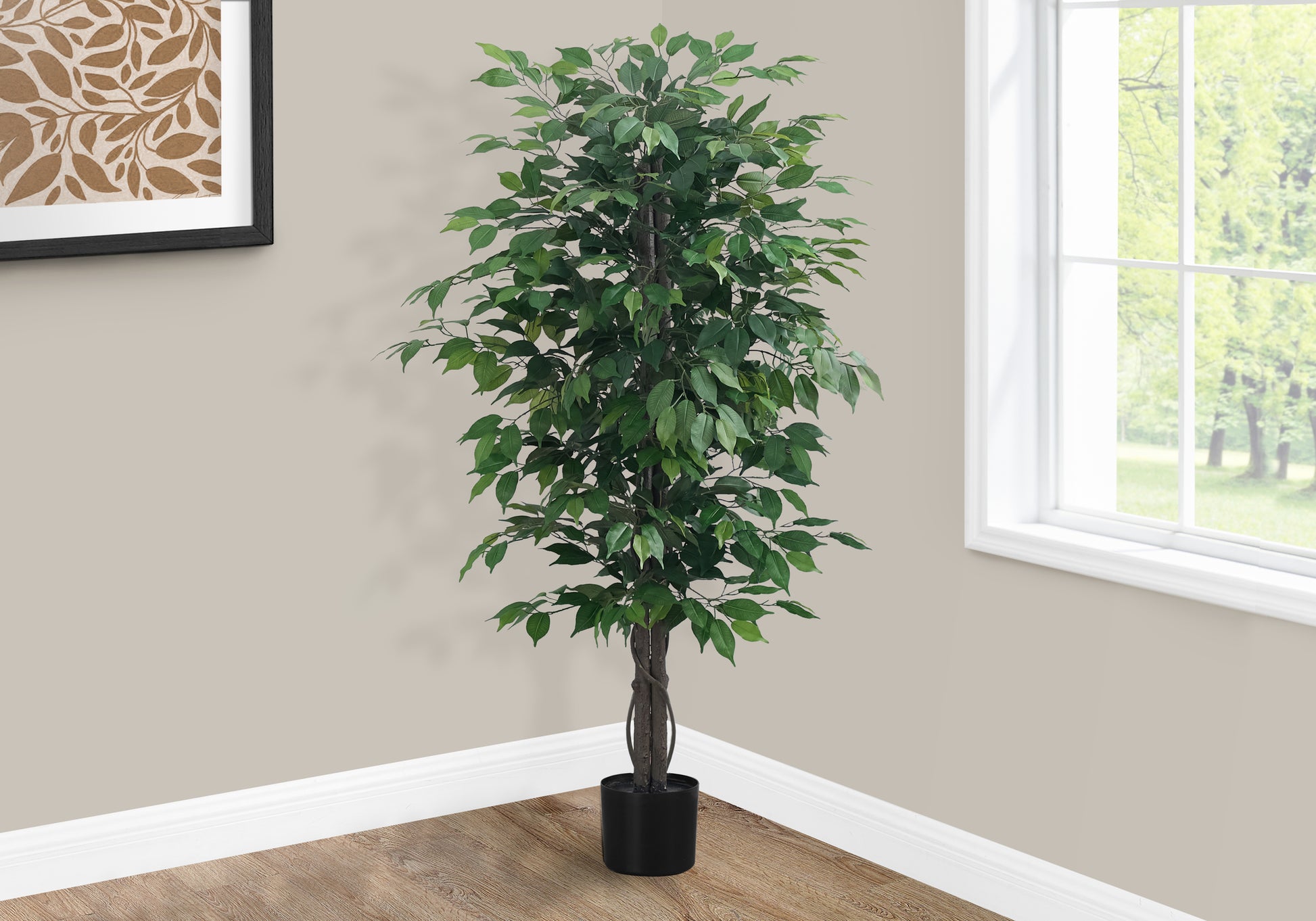 Artificial Plant, 58" Tall, Ficus Tree, Indoor, Faux, Fake, Floor, Greenery, Potted, Decorative, Green Leaves, Black Pot Green Plastic